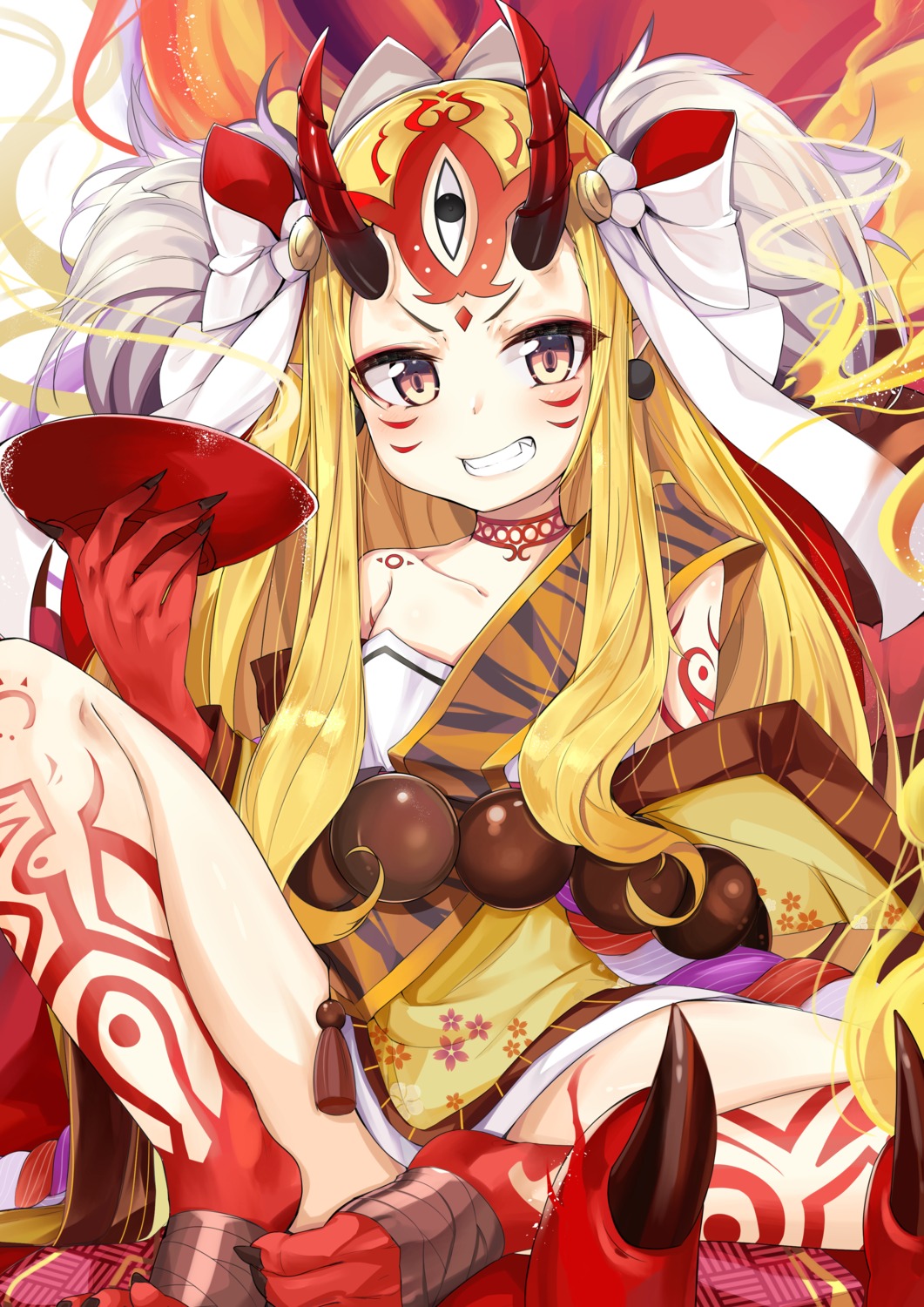 fate/grand_order horns ibaraki_douji_(fate/grand_order) j_young japanese_clothes tattoo