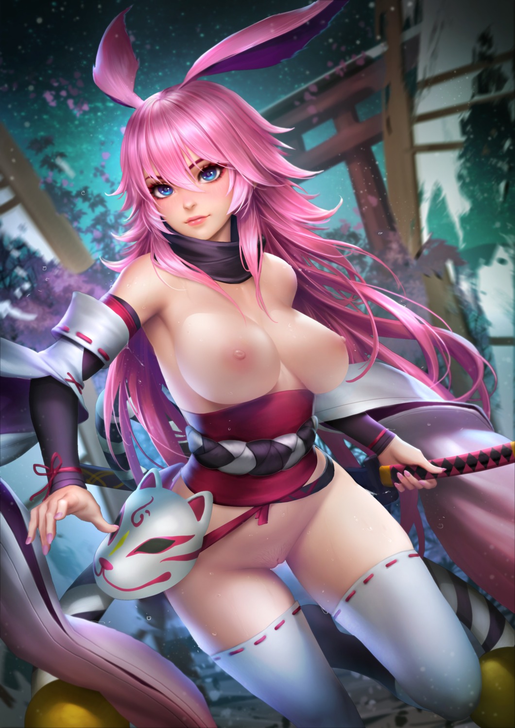 animal_ears benghuai_xueyuan bottomless breasts bunny_ears honkai_impact japanese_clothes nipples no_bra nudtawut_thongmai pubic_hair pussy sword thighhighs uncensored yae_sakura_(benghuai_xueyuan)