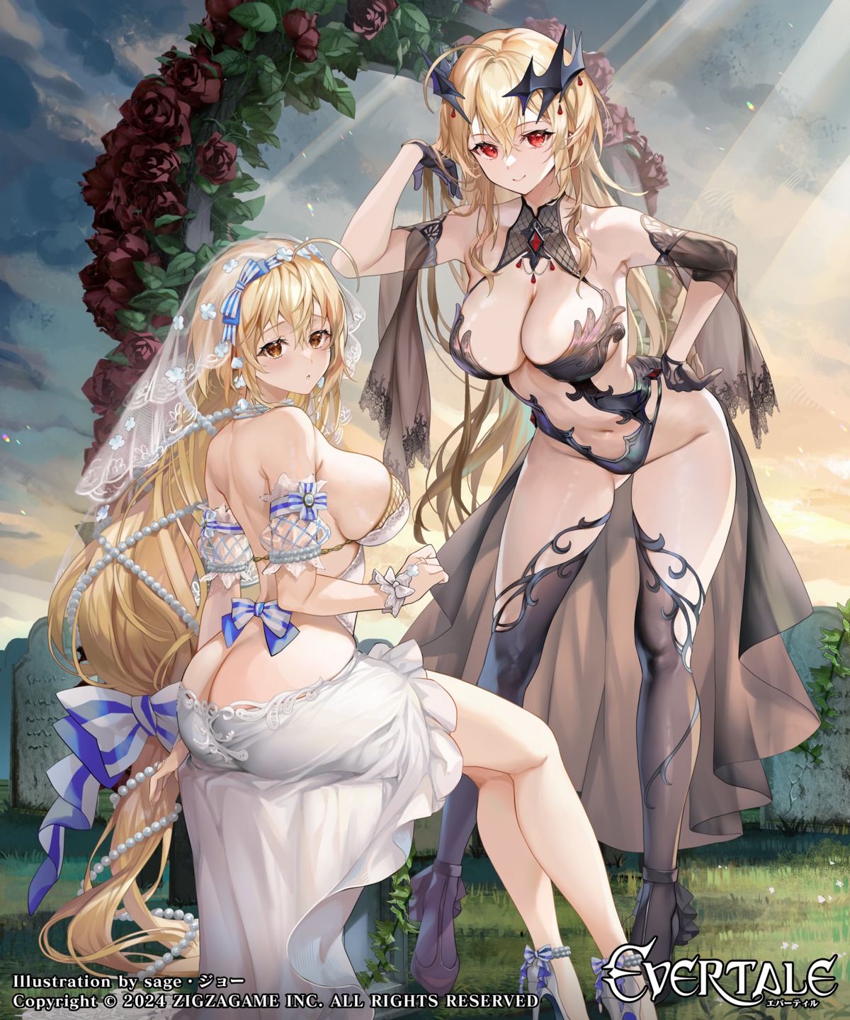 ass dress evertale fishnets heels no_bra nopan sage_joh see_through thighhighs wedding_dress