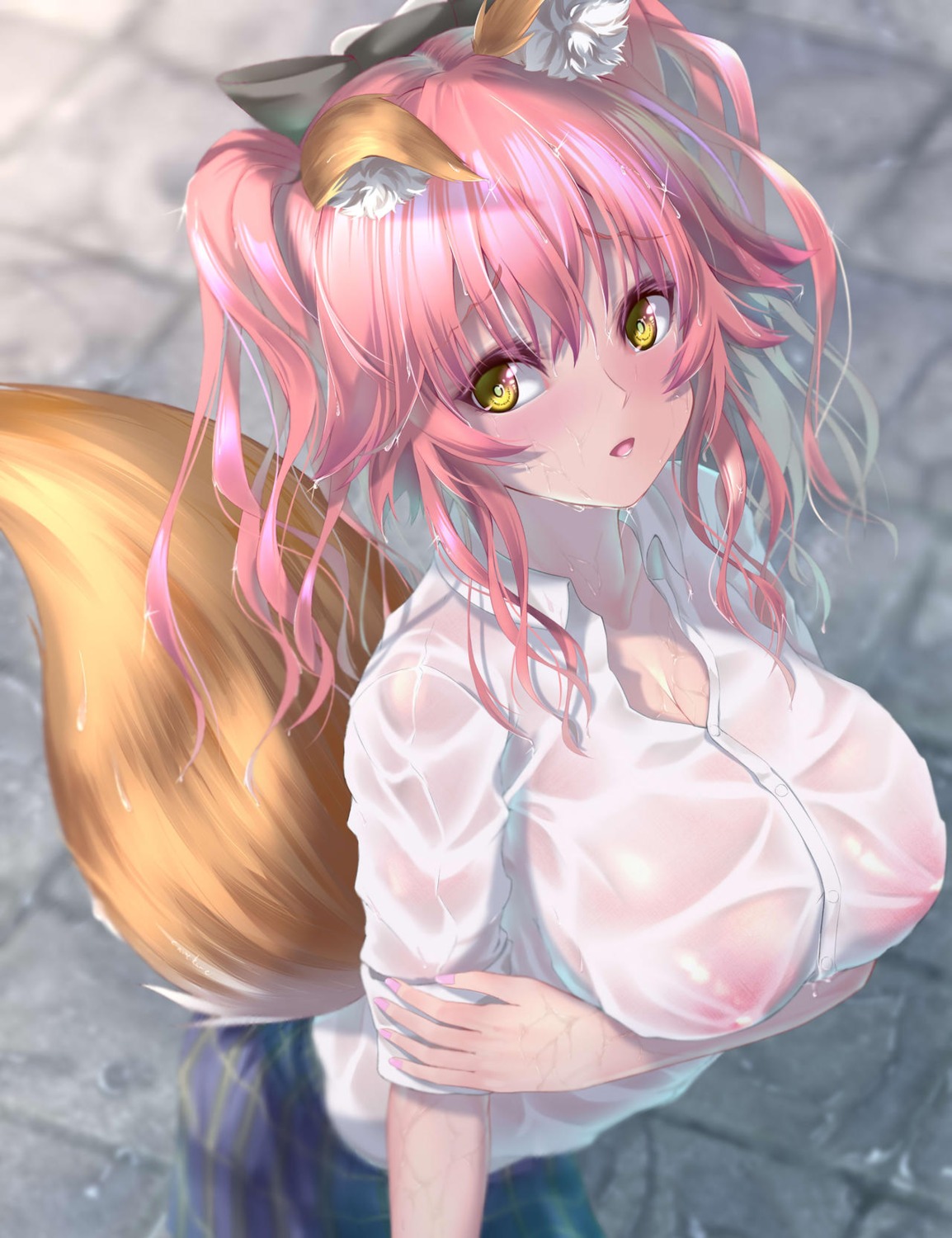 animal_ears fate/grand_order kamehito kitsune nipples no_bra see_through seifuku tail tamamo_no_mae wet wet_clothes