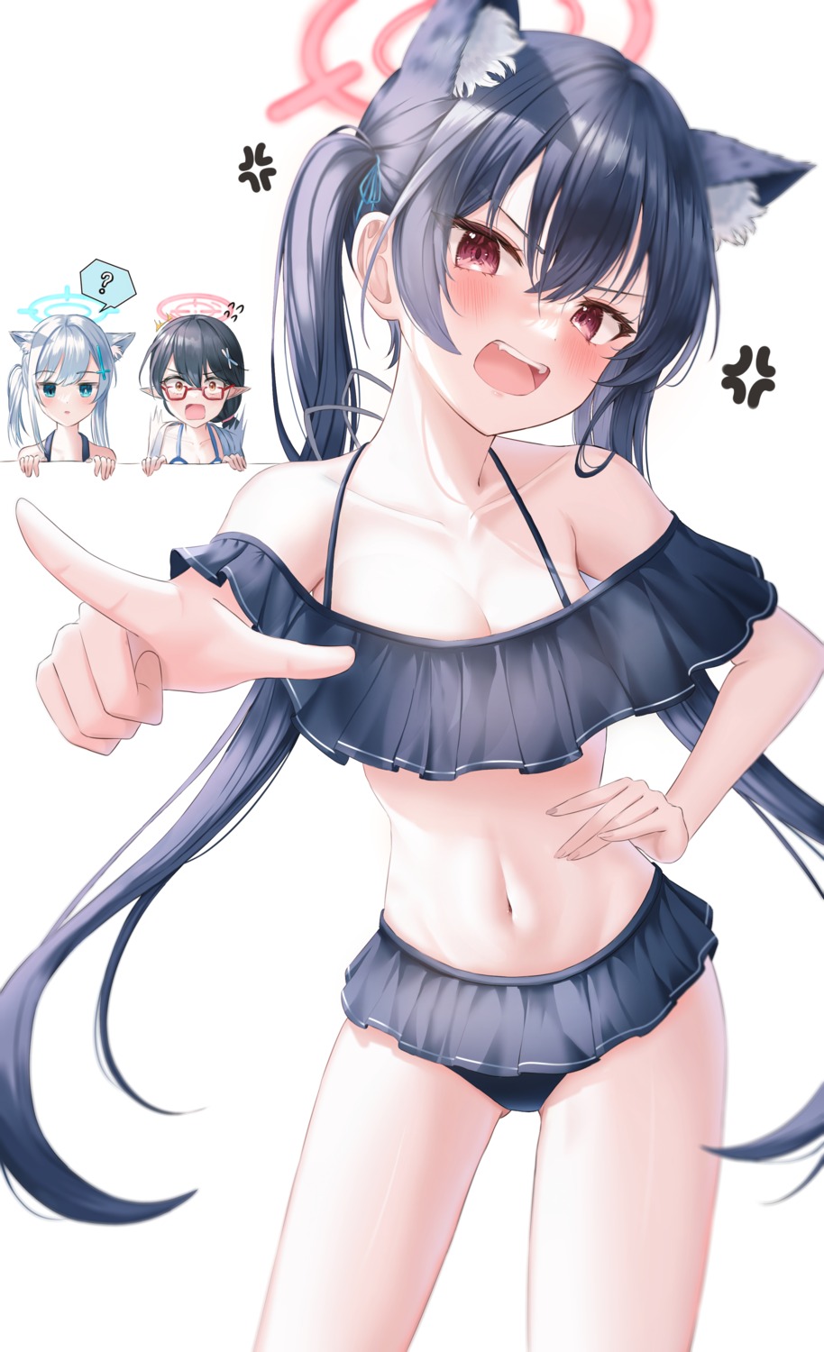 animal_ears bikini bikini_top blue_archive cleavage halo kuromi_serika li_se megane nekomimi okusora_ayane pointy_ears sunaookami_shiroko swimsuits