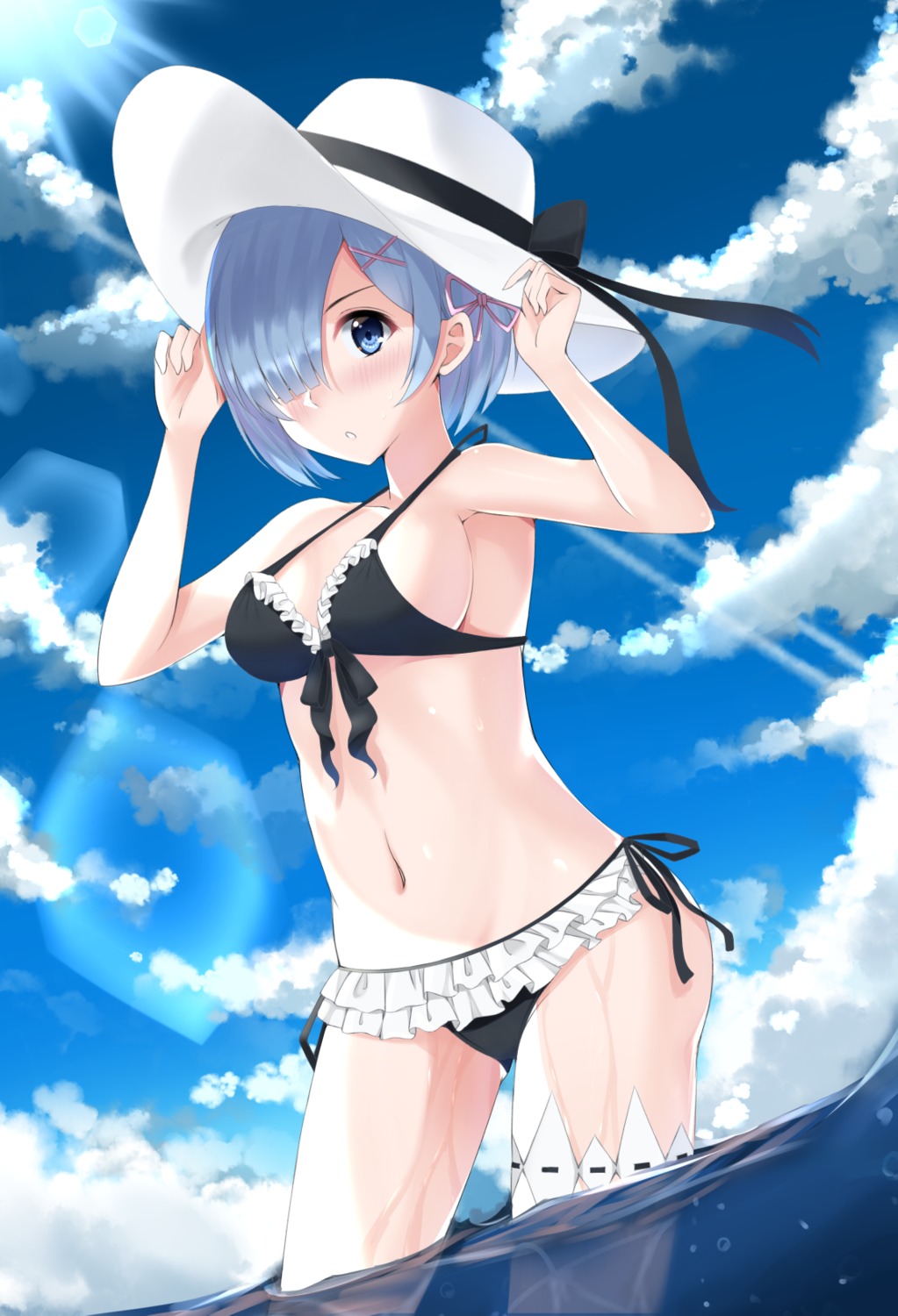 bikini cleavage garter kanikou re_zero_kara_hajimeru_isekai_seikatsu rem_(re_zero) swimsuits wet