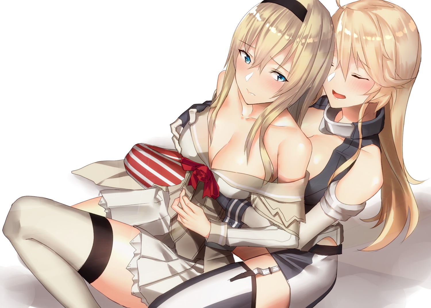 breast_grab iowa_(kancolle) kantai_collection no_bra open_shirt pallad stockings thighhighs warspite_(kancolle) yuri