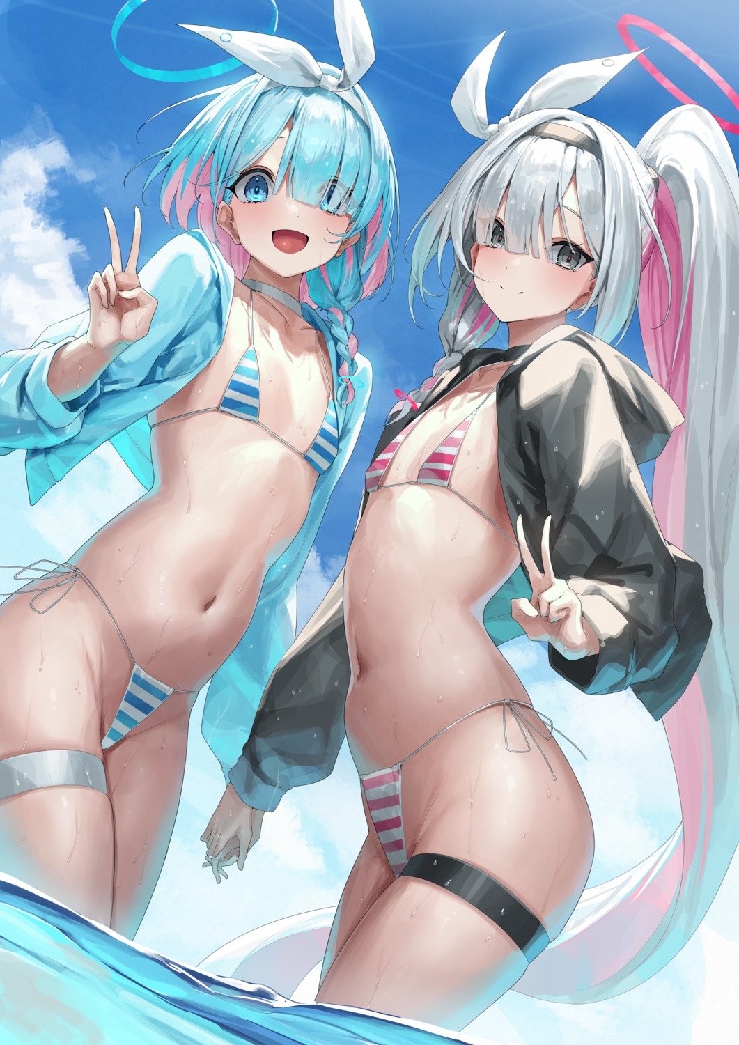 arona_(blue_archive) bikini blue_archive garter halo loli open_shirt plana_(blue_archive) swimsuits thong wet yamanokami_eaka