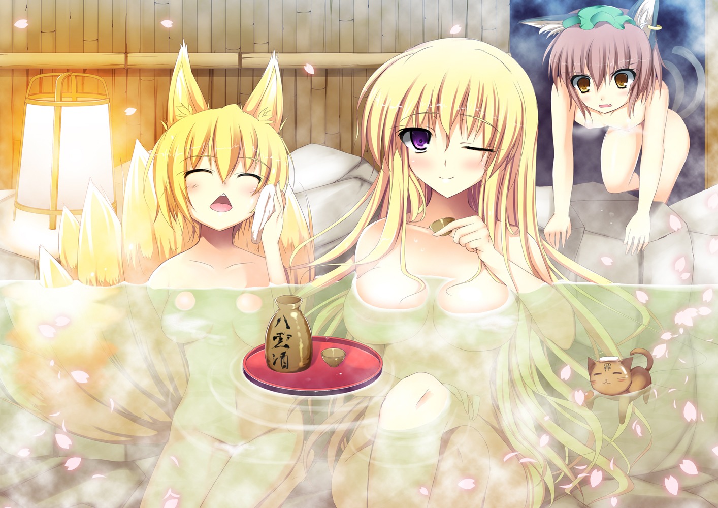 animal_ears bathing chen kishiki_kanmitsu loli naked neko nipples onsen tail touhou wet yakumo_ran yakumo_yukari