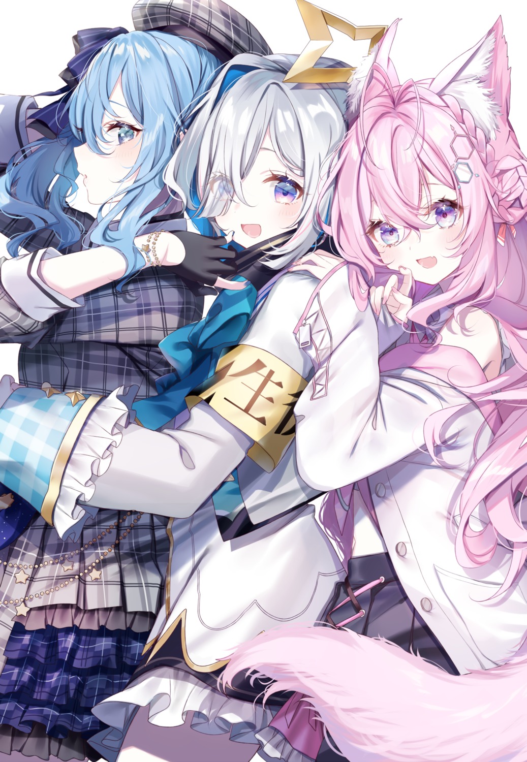 amane_kanata angel animal_ears hakui_koyori hololive hoshimachi_suisei misumi seifuku tail