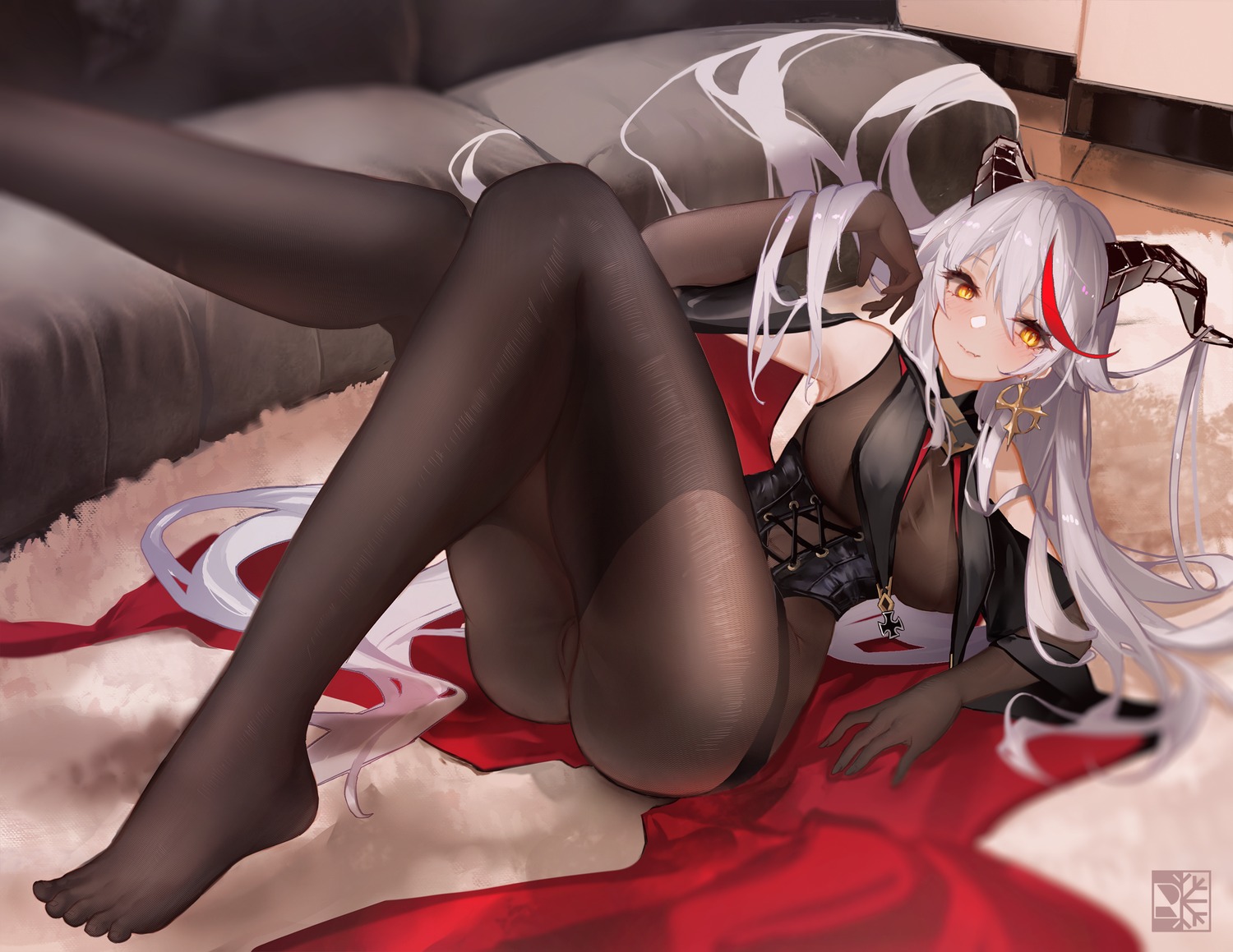 aegir_(azur_lane) azur_lane bodysuit feet horns no_bra nopan pussy rein_yukimatsu see_through