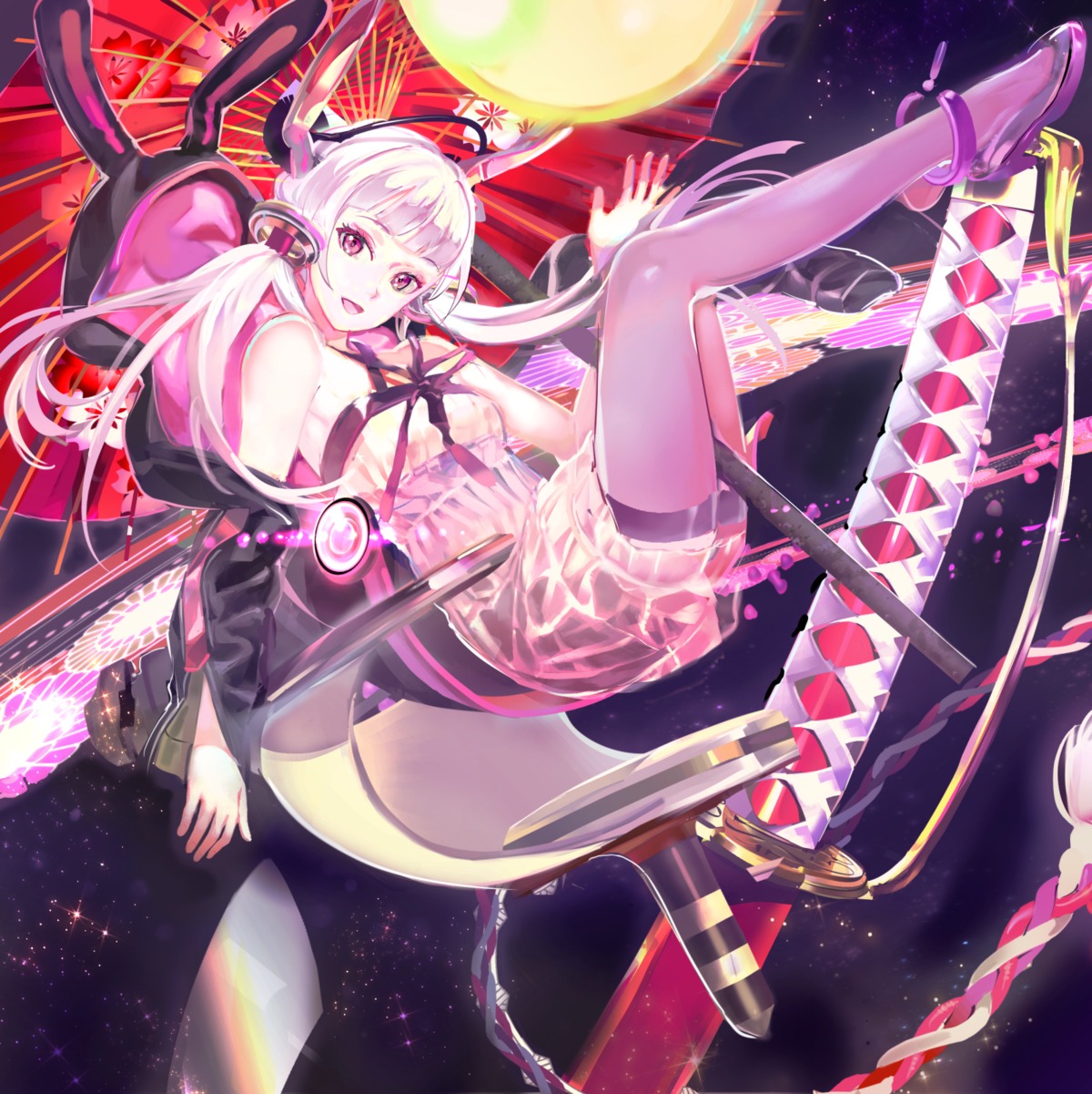 119 animal_ears bunny_ears dress heels see_through sword thighhighs umbrella vocaloid yuzuki_yukari