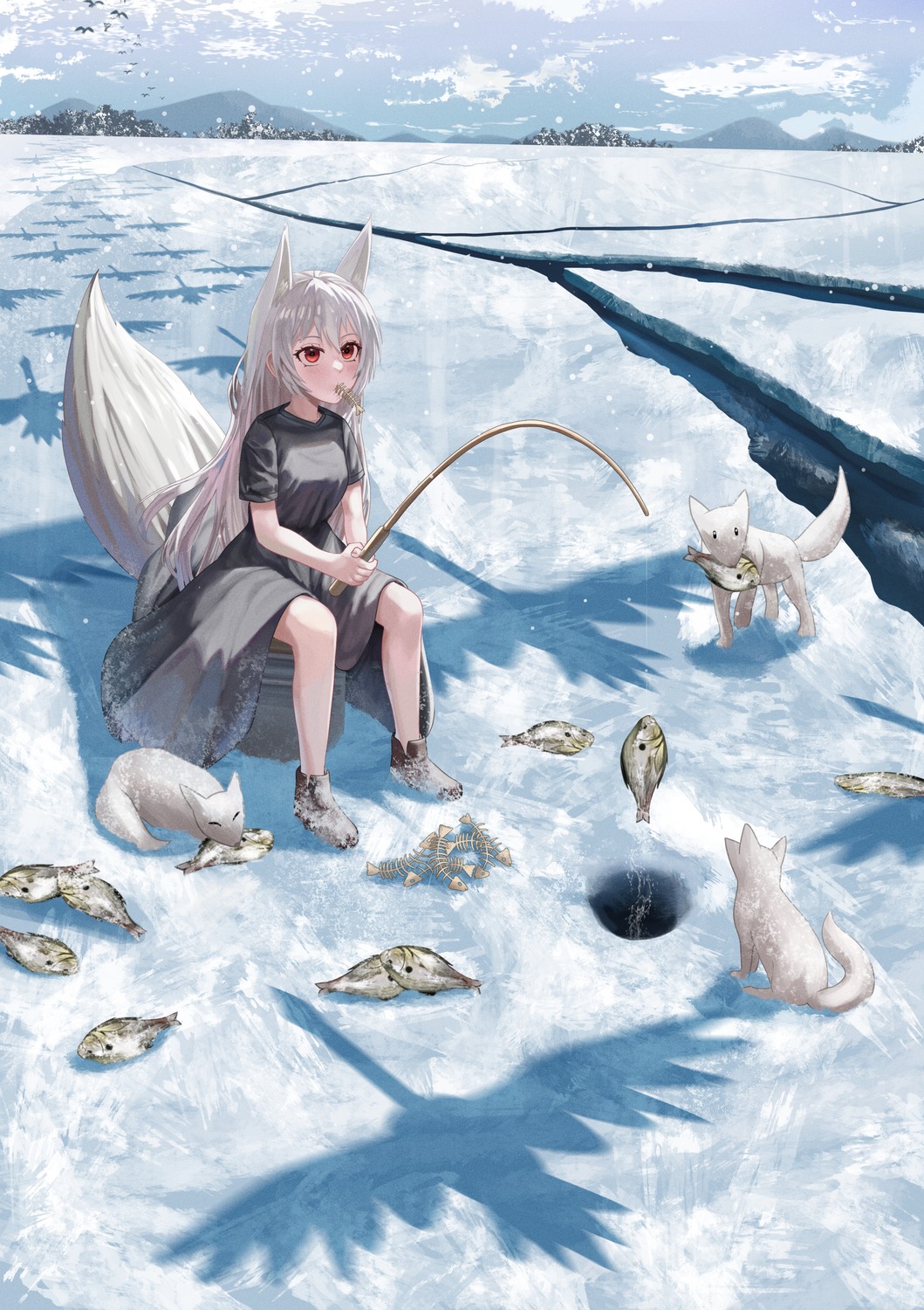 animal_ears dress kitsune landscape silvertsuki1 tail