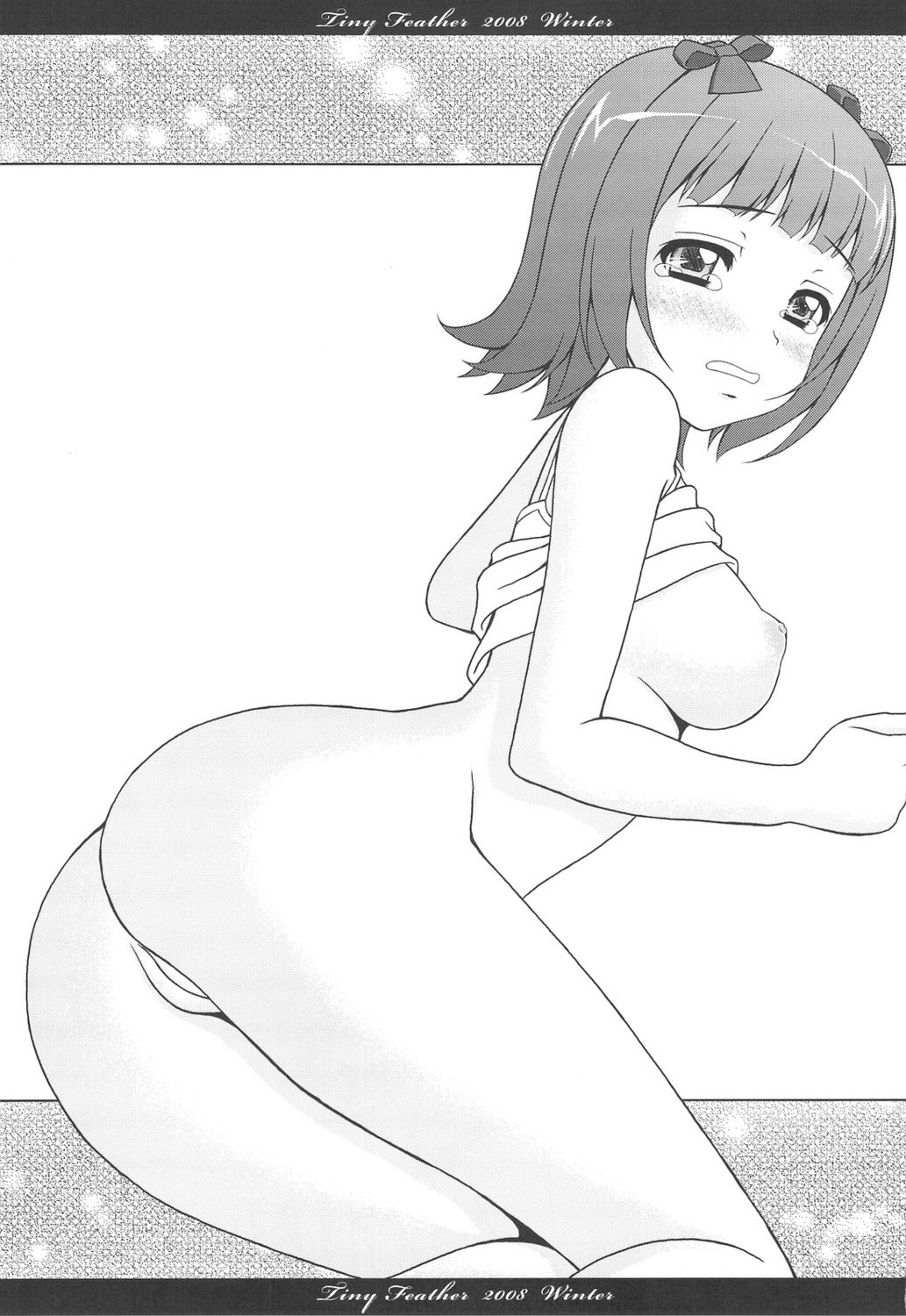 amami_haruka ass bottomless breasts monochrome nipples no_bra pussy shirt_lift sin-go the_idolm@ster tiny_feather