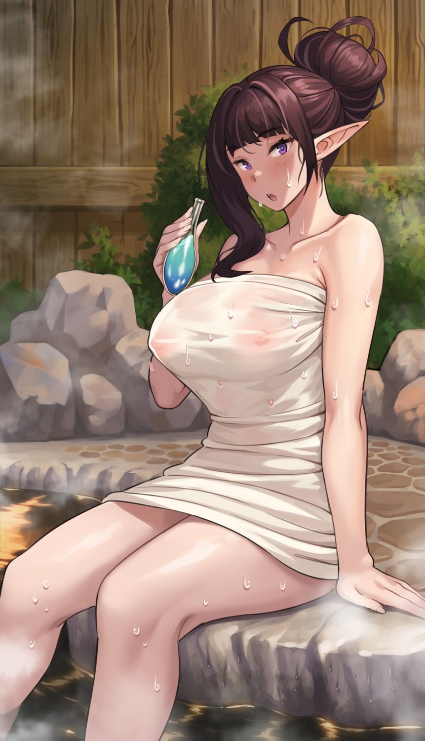 elf kkamja nipples onsen pointy_ears towel wet