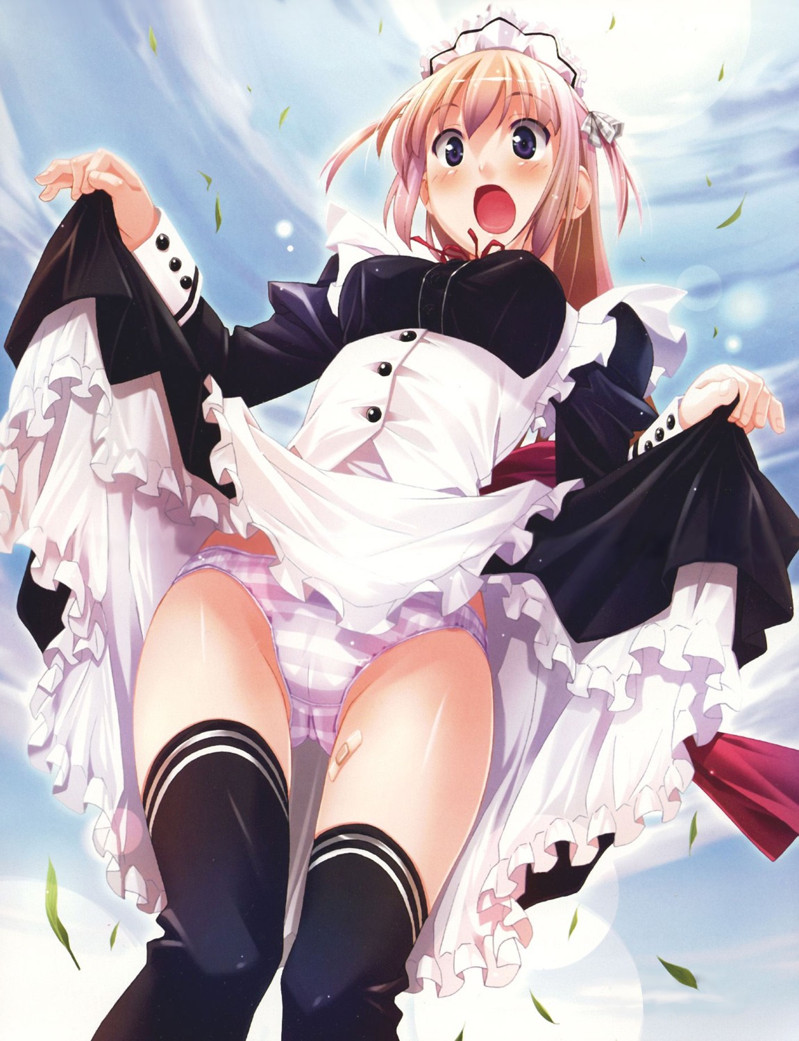 bleed_through cameltoe jpeg_artifacts kuuchuu_yousai maid pantsu shimapan skirt_lift thighhighs