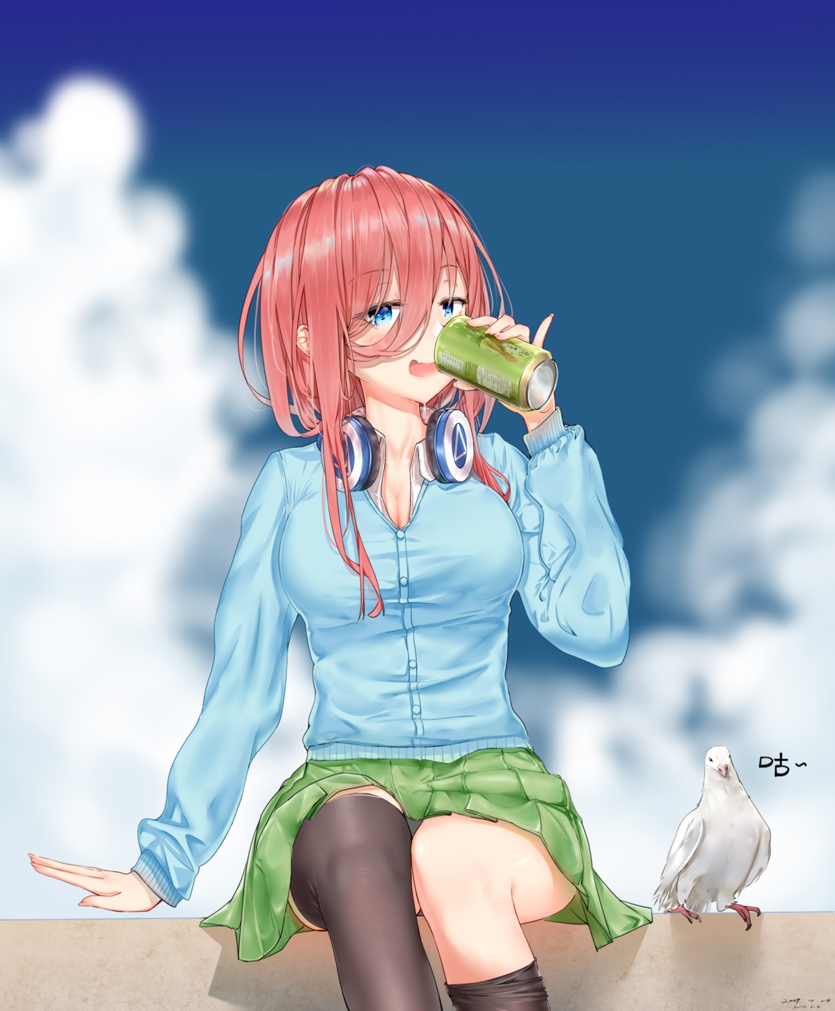 5-toubun_no_hanayome cleavage hbb headphones nakano_miku pantsu seifuku skirt_lift sweater thighhighs