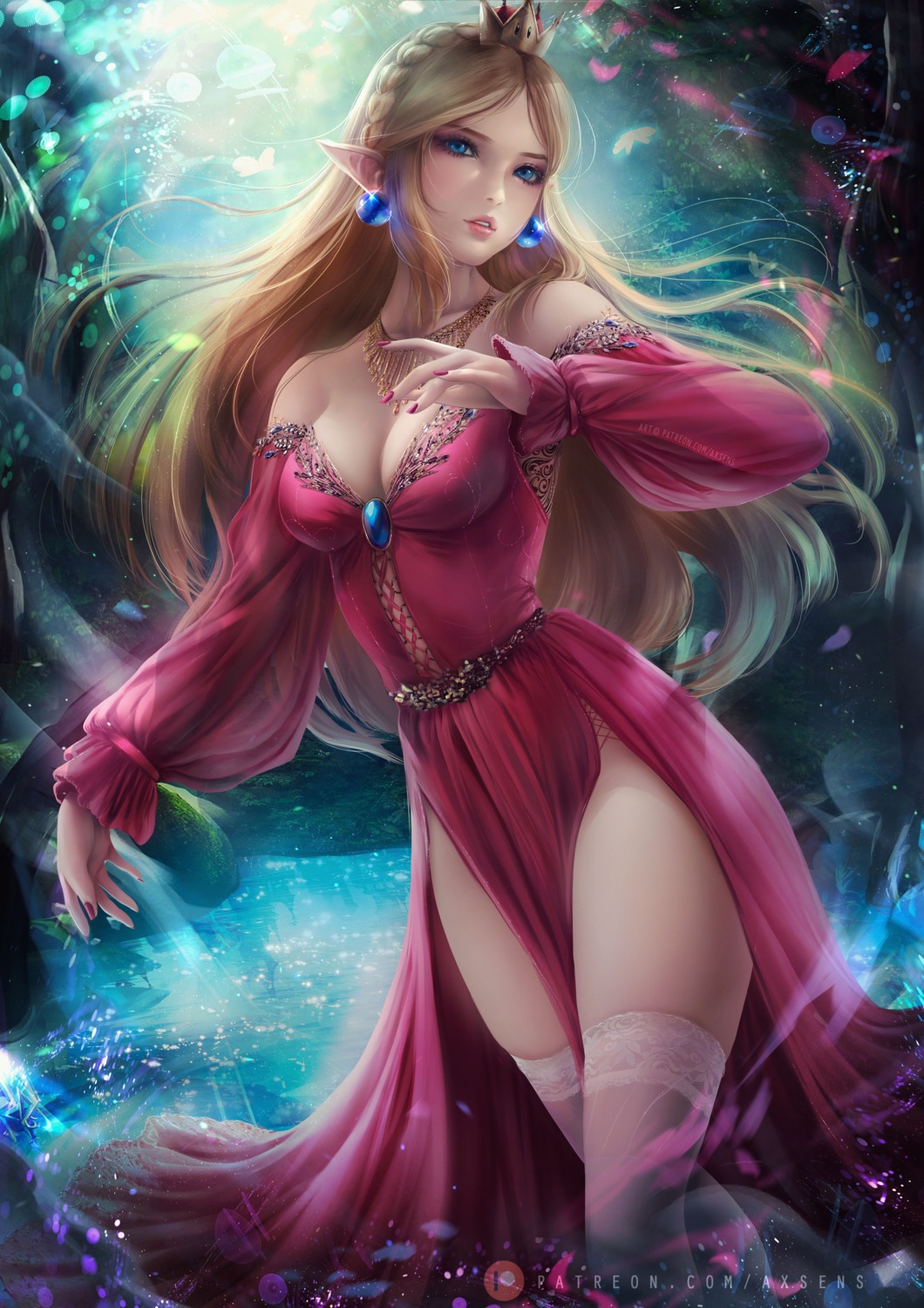 axsens cleavage dress no_bra pointy_ears princess_zelda the_legend_of_zelda thighhighs