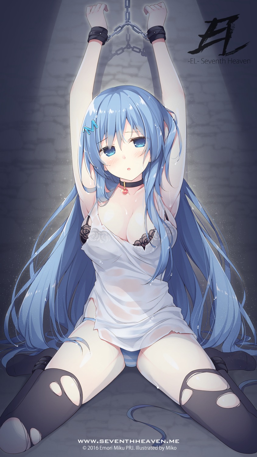 bondage bra cleavage emori_miku emori_miku_project miko_92 pantsu see_through shimapan thighhighs torn_clothes wet wet_clothes