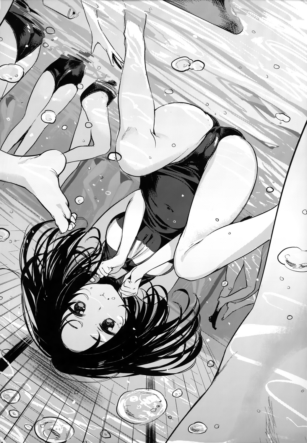 akagi_asahito breast_hold cameltoe feet monochrome school_swimsuit swimsuits wet