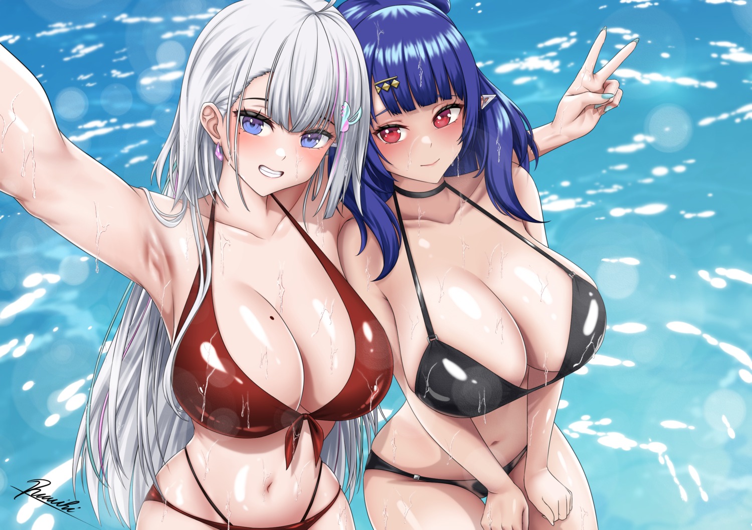 bikini dizzy_dokuro ember_amane phase_connect pointy_ears ramiki_(ramesgoag) selfie swimsuits wet