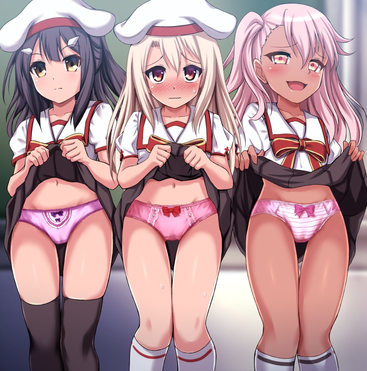 cameltoe chloe_von_einzbern fate/kaleid_liner_prisma_illya fate/stay_night illyasviel_von_einzbern loli miyu_edelfelt pantsu seifuku shimapan skirt_lift thighhighs zanntetu