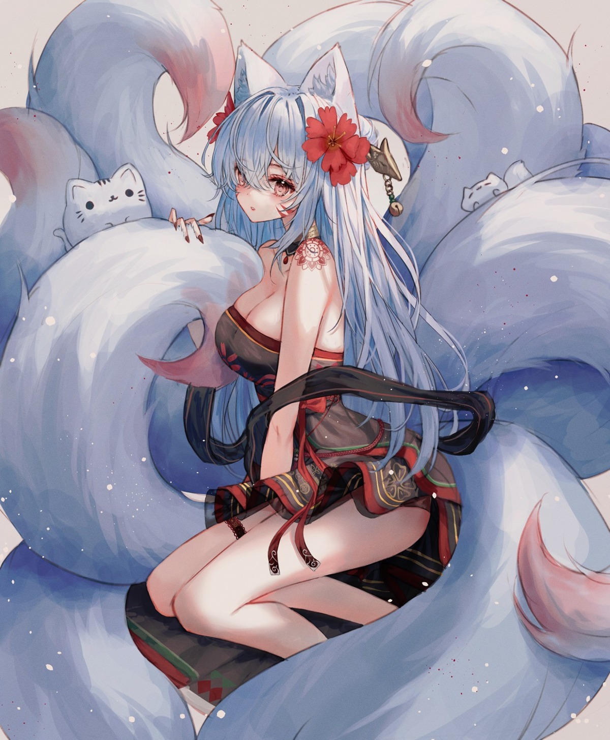 animal_ears garter japanese_clothes kitsune no_bra skirt_lift tail tandohark