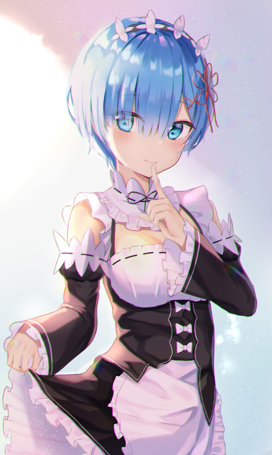 albi cleavage maid re_zero_kara_hajimeru_isekai_seikatsu rem_(re_zero) skirt_lift