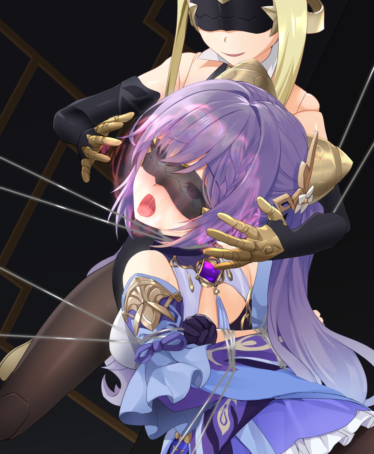 asian_clothes benghuai_xueyuan bondage genshin_impact honkai_impact keqing m.vv pantyhose skirt_lift yuri