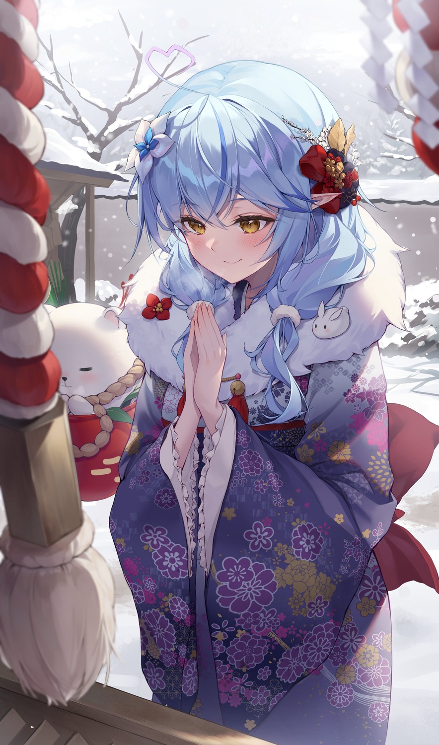 daifuku_(yukihana_lamy) elf hatonaru525 hololive kimono pointy_ears yukihana_lamy