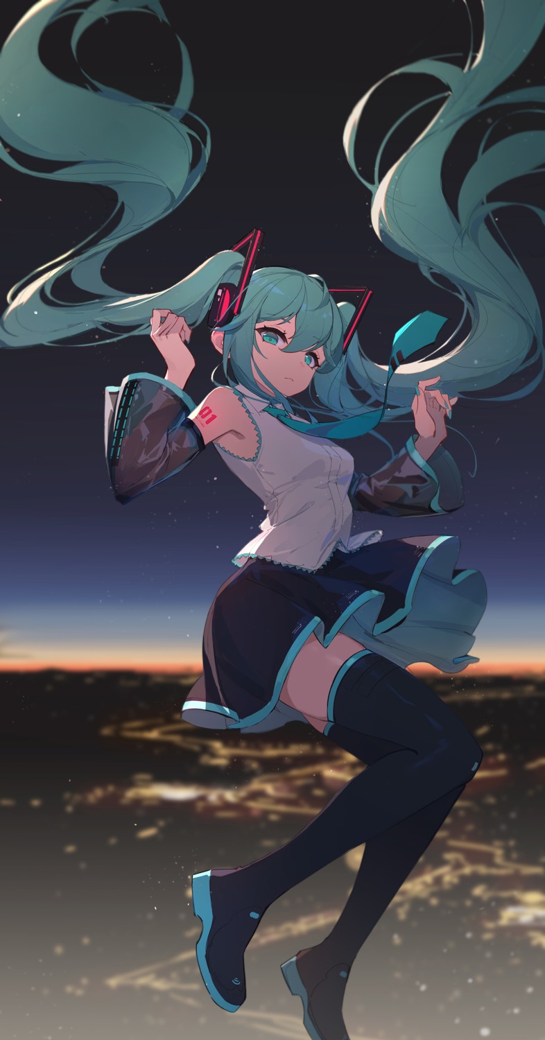 hatsune_miku lance_(lancelliu) skirt_lift tattoo thighhighs vocaloid