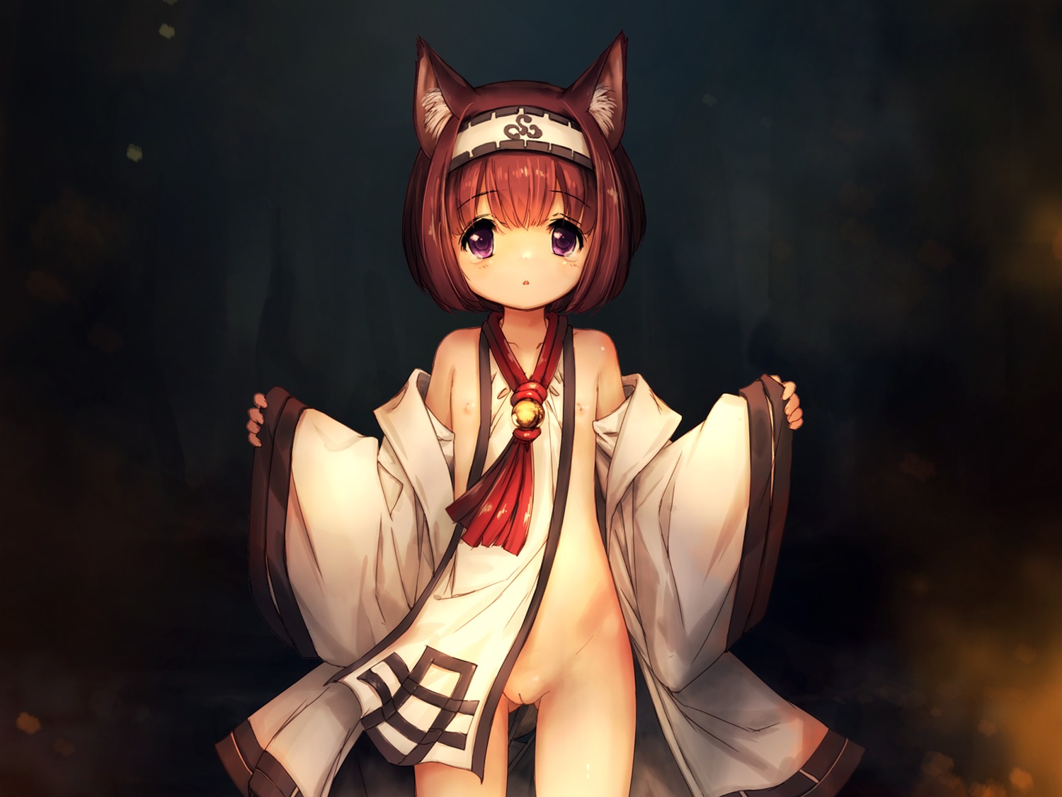 animal_ears hitomaru japanese_clothes loli nekomimi nipples no_bra nopan open_shirt pussy uncensored