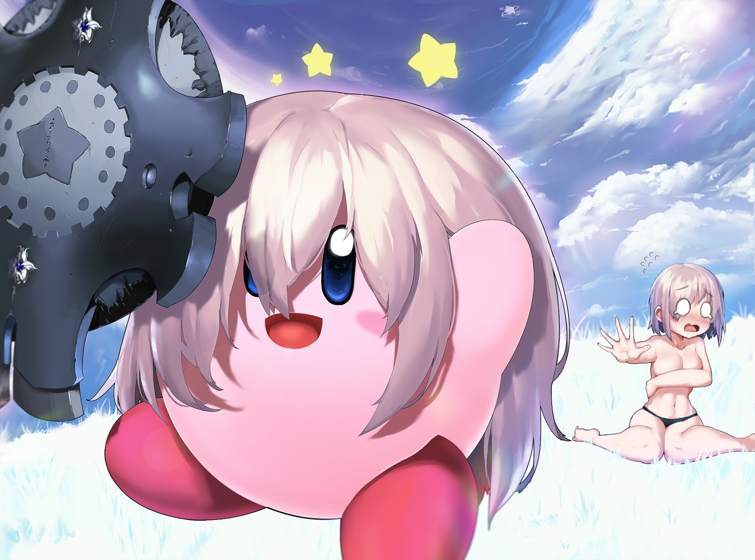 breast_hold crossover fate/grand_order kirby kirby_(character) mash_kyrielight noon_maru pantsu topless