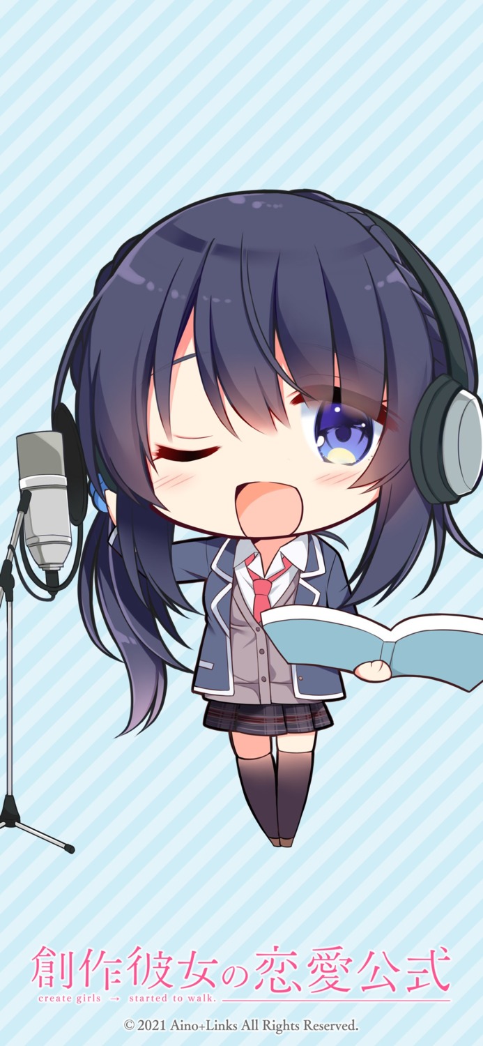 aino+links chibi headphones kujou_danbo seifuku sousaku_kanojo_no_renai_koushiki sweater thighhighs tsukimizaka_kiriha