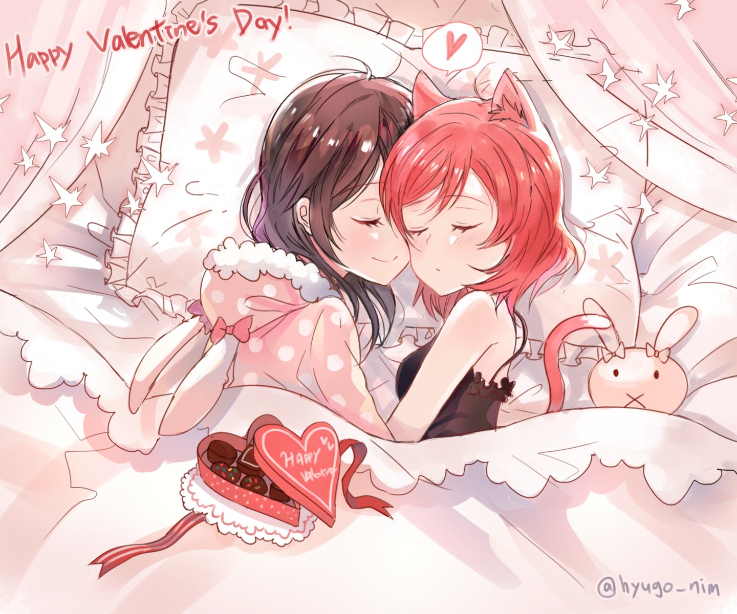 animal_ears hyugo love_live! love_live!_(series) nekomimi nishikino_maki pajama sheets tail valentine yazawa_nico yuri