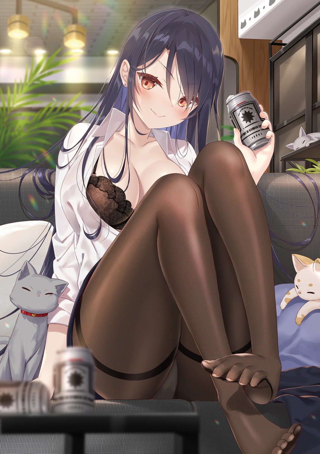 bra dress_shirt feet neko open_shirt pantsu pantyhose skirt_lift yano_mitsuki