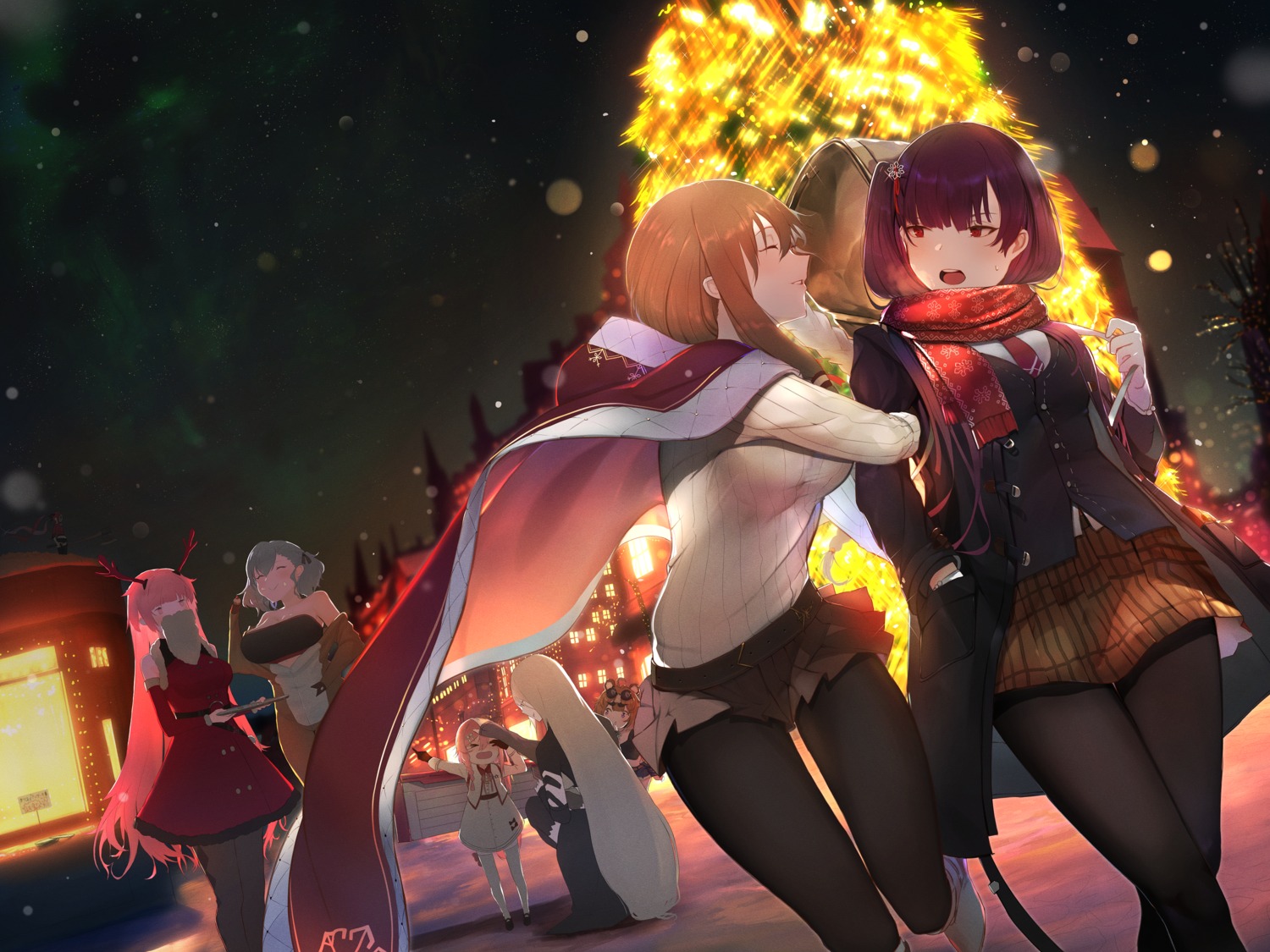 christmas cleavage dress girls_frontline grizzly_mkv_(girls_frontline) horns isaka_wasabi negev_(girls_frontline) ntw-20_(girls_frontline) pantyhose skirt_lift spas-12_(girls_frontline) springfield_(girls_frontline) sweater wa2000_(girls_frontline) yuri