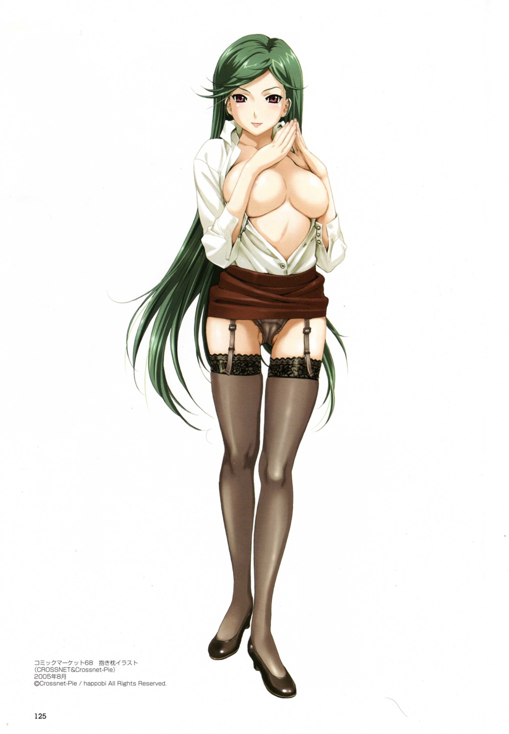 breast_hold breasts cameltoe cleavage happoubi_jin heels no_bra open_shirt pantsu skirt_lift stockings thighhighs