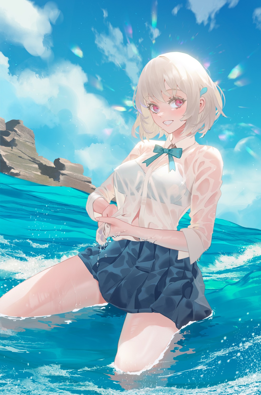 bra cirilla see_through seifuku skirt_lift wet wet_clothes