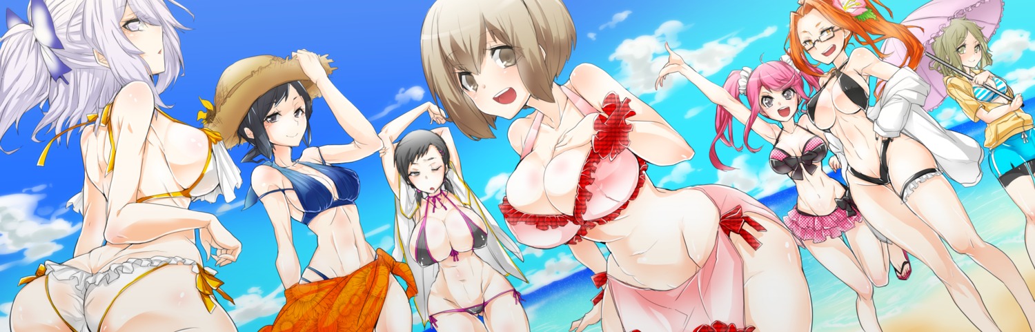 ass ban_airi bikini breast_hold cleavage erect_nipples garter haoro hotsuin_yamato kanno_fumi kujou_hinako megane megaten nitta_io sako_makoto shin_megami_tensei shin_megami_tensei_devil_survivor shin_megami_tensei_devil_survivor_2 swimsuits umbrella underboob yanagiya_otome