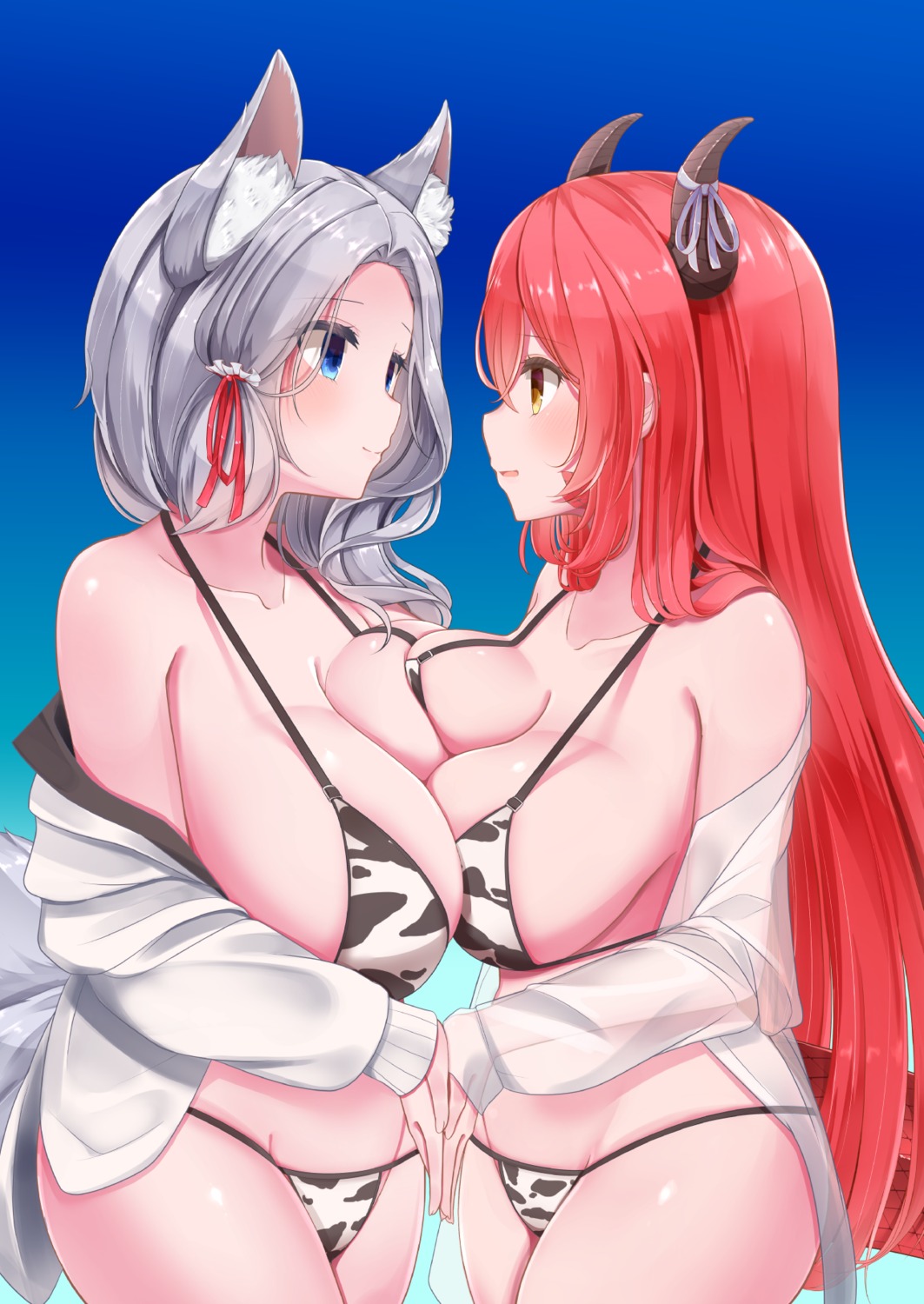 animal_ears bikini horns open_shirt see_through sokona_(sosokona) swimsuits symmetrical_docking tail yuri