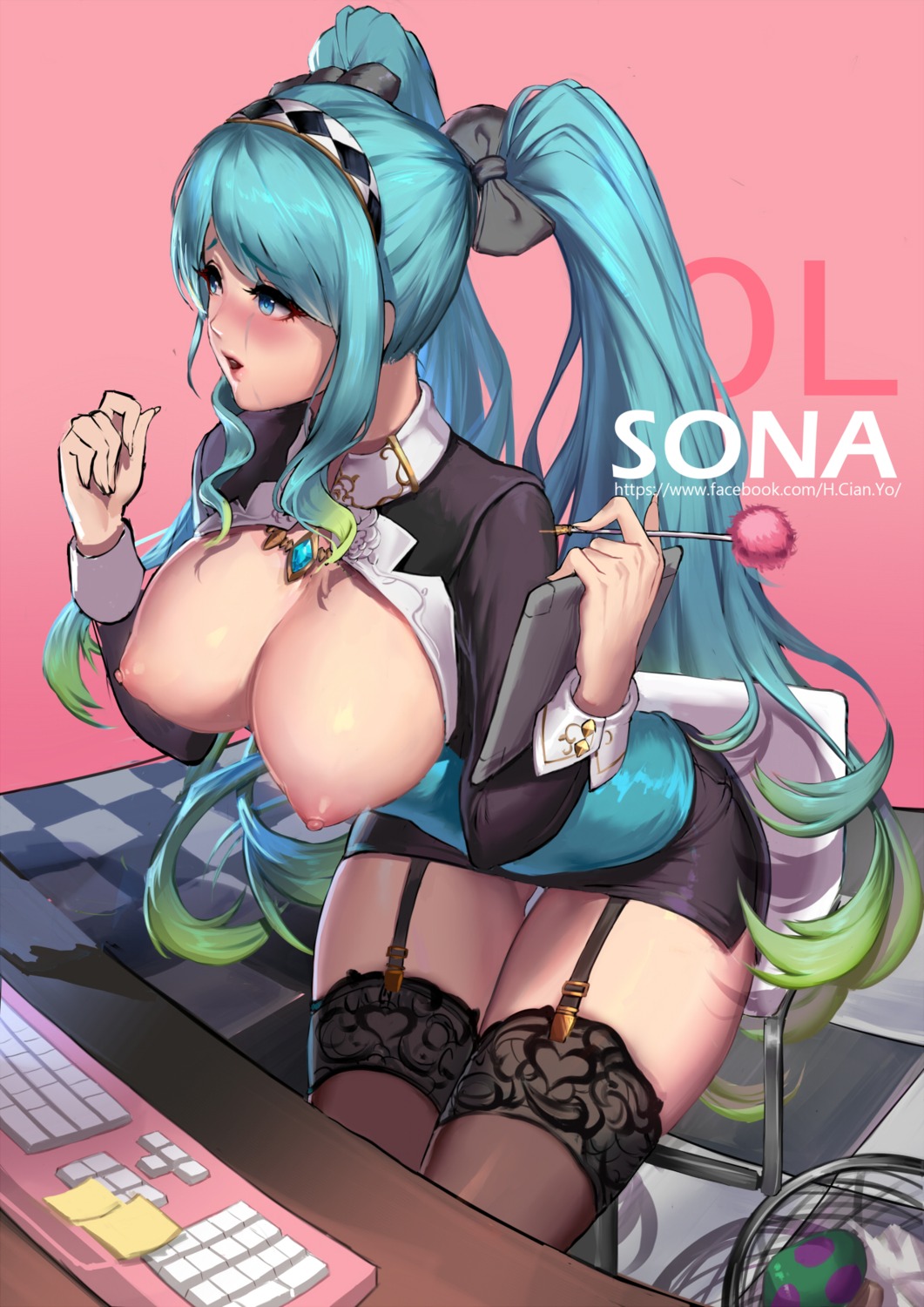 breasts cianyo league_of_legends nipples no_bra open_shirt sona_buvelle stockings thighhighs