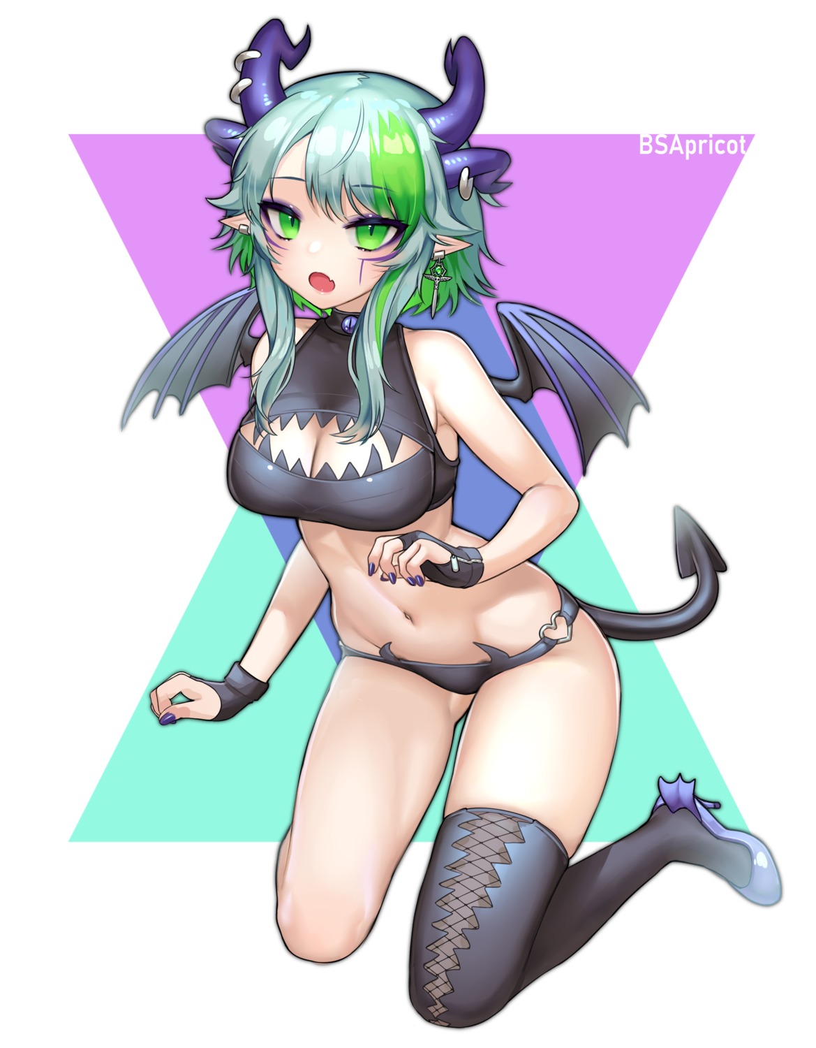 apricot_(froot) bra bsapricot cleavage fishnets heels horns pantsu pointy_ears tail thighhighs vshojo wings