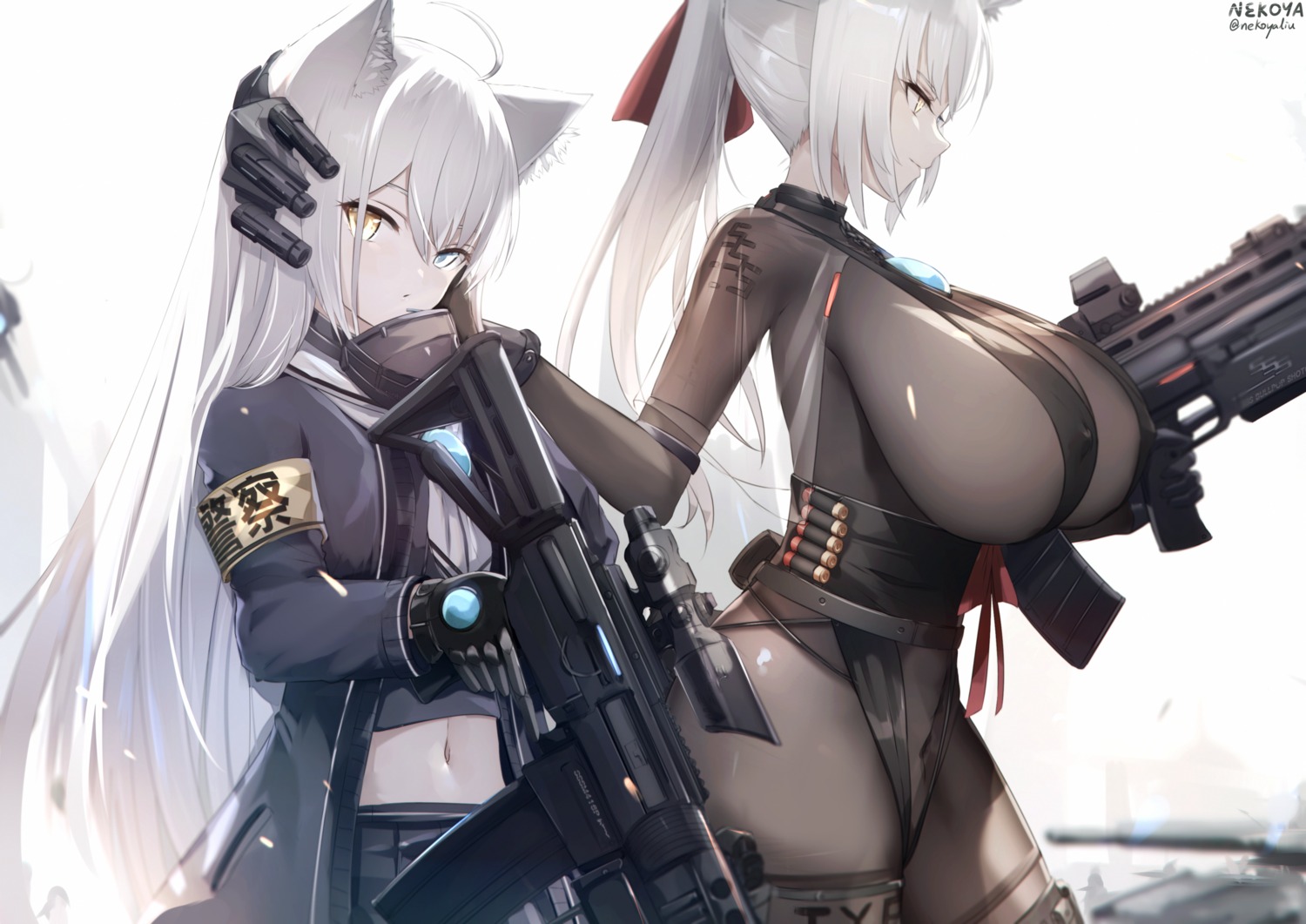 animal_ears bodysuit erect_nipples garter gun heterochromia nekomimi nekoya_(liu)