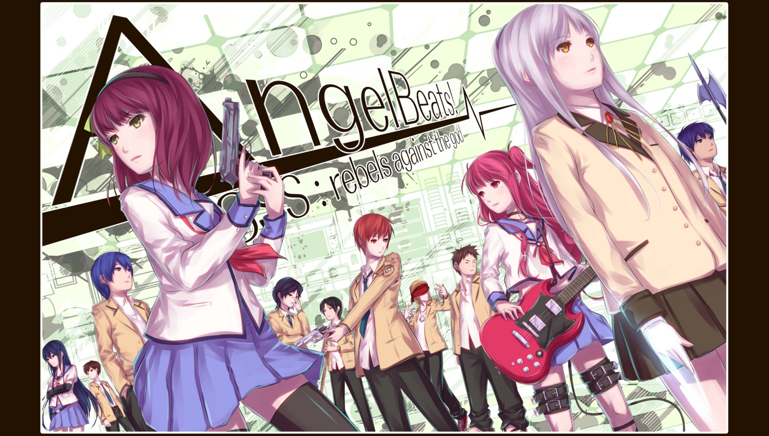 angel_beats! ayasaka fujimaki gun hinata_hideki nakamura_yuri noda ooyama otonashi_yuzuru seifuku shiina tachibana_kanade takamatsu takeyama thighhighs tk_(angel_beats!) yoshioka_yui