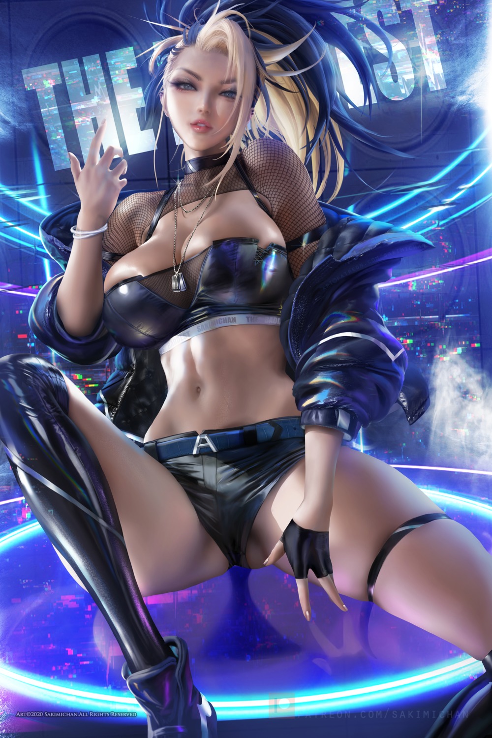 akali fishnets garter league_of_legends no_bra open_shirt sakimichan thighhighs