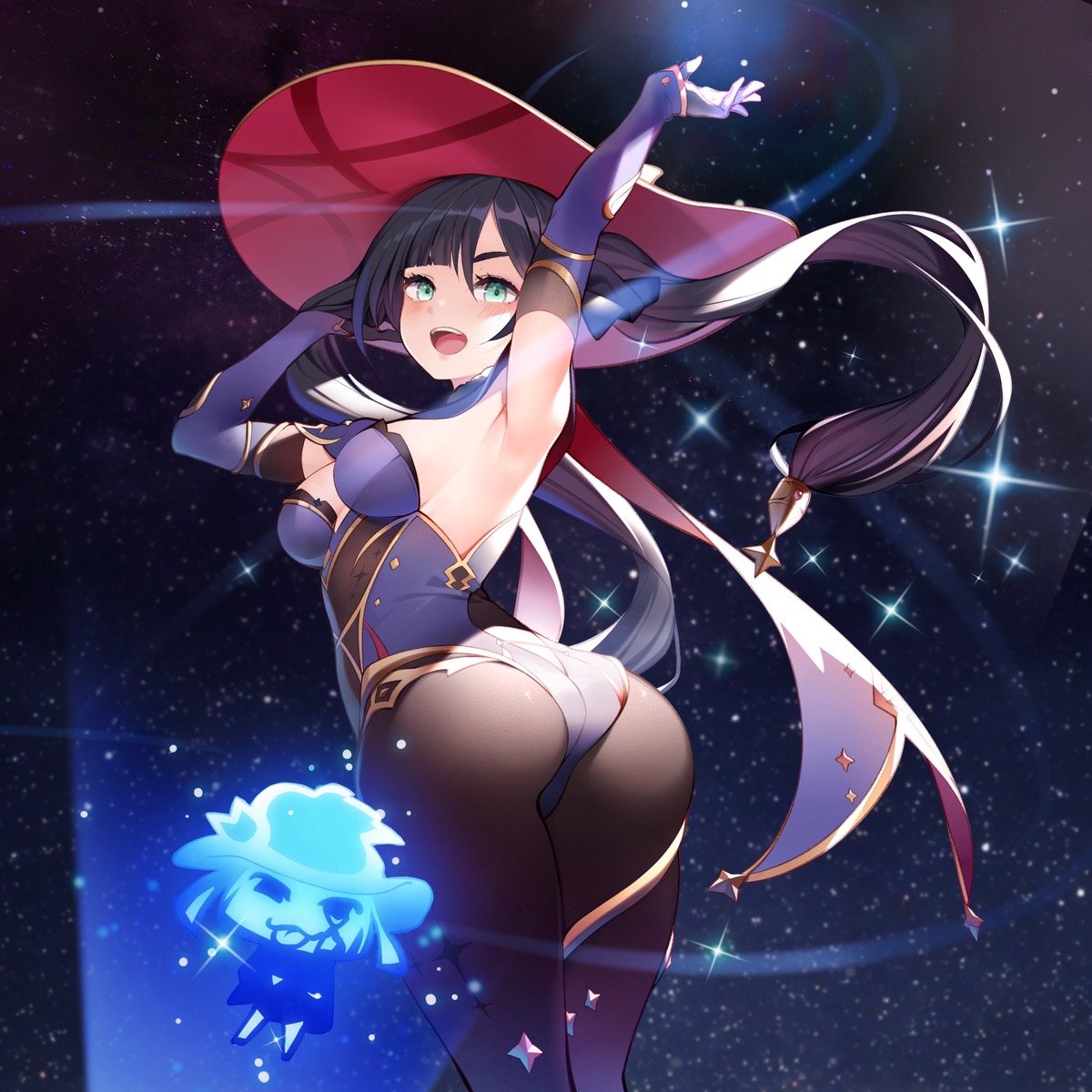 ass garter genshin_impact leotard mona_megistus nekomu no_bra pantyhose witch