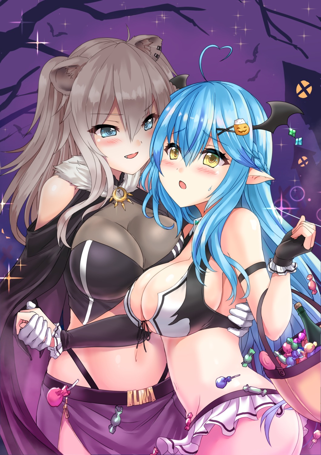 animal_ears ass bra elf halloween hololive miyuki_rei pantsu pointy_ears shishiro_botan skirt_lift wings yukihana_lamy yuri