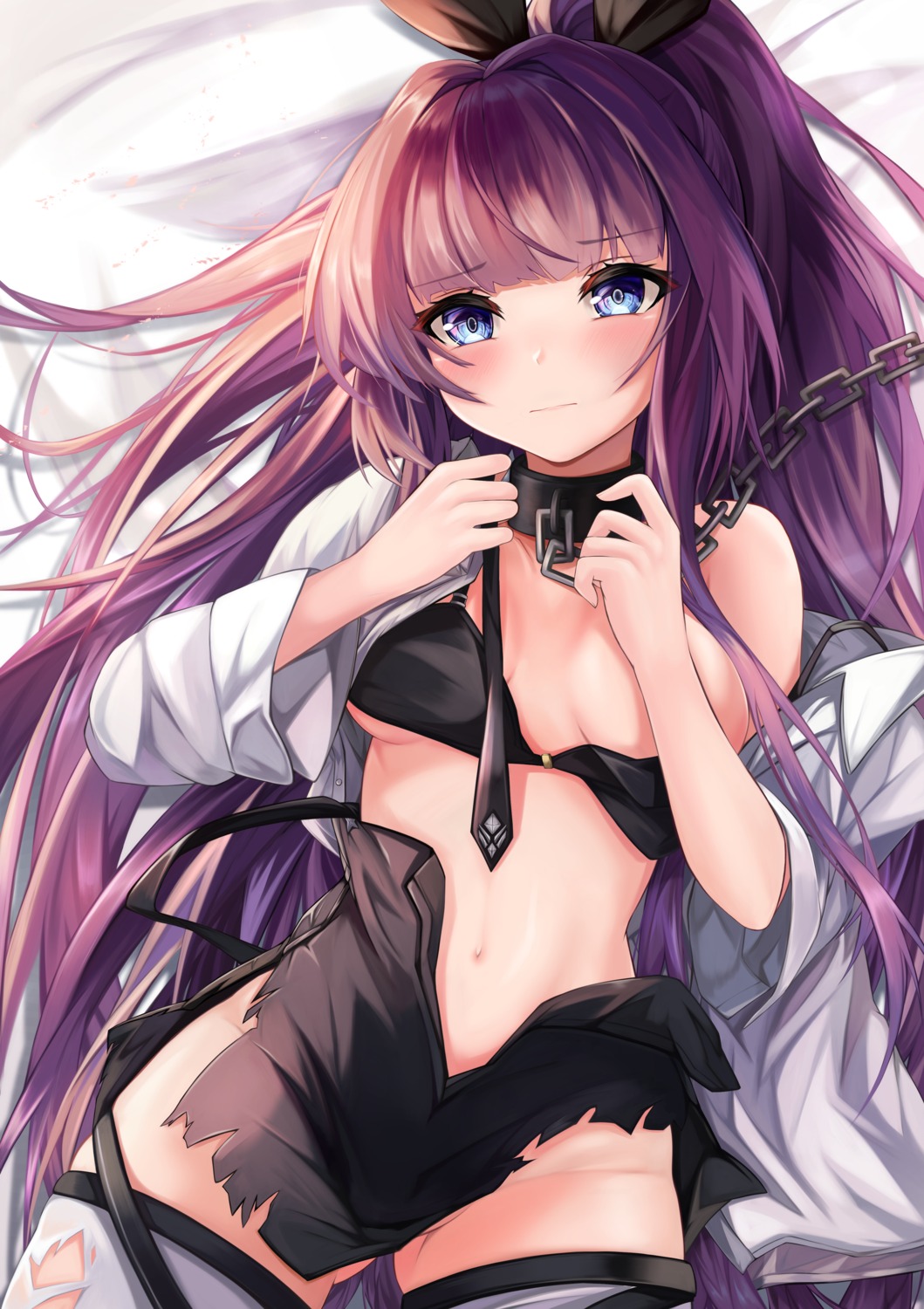 azur_lane bondage bra breast_hold breasts nopan open_shirt ryara_vivi skirt_lift tashkent_(azur_lane) thighhighs torn_clothes uniform