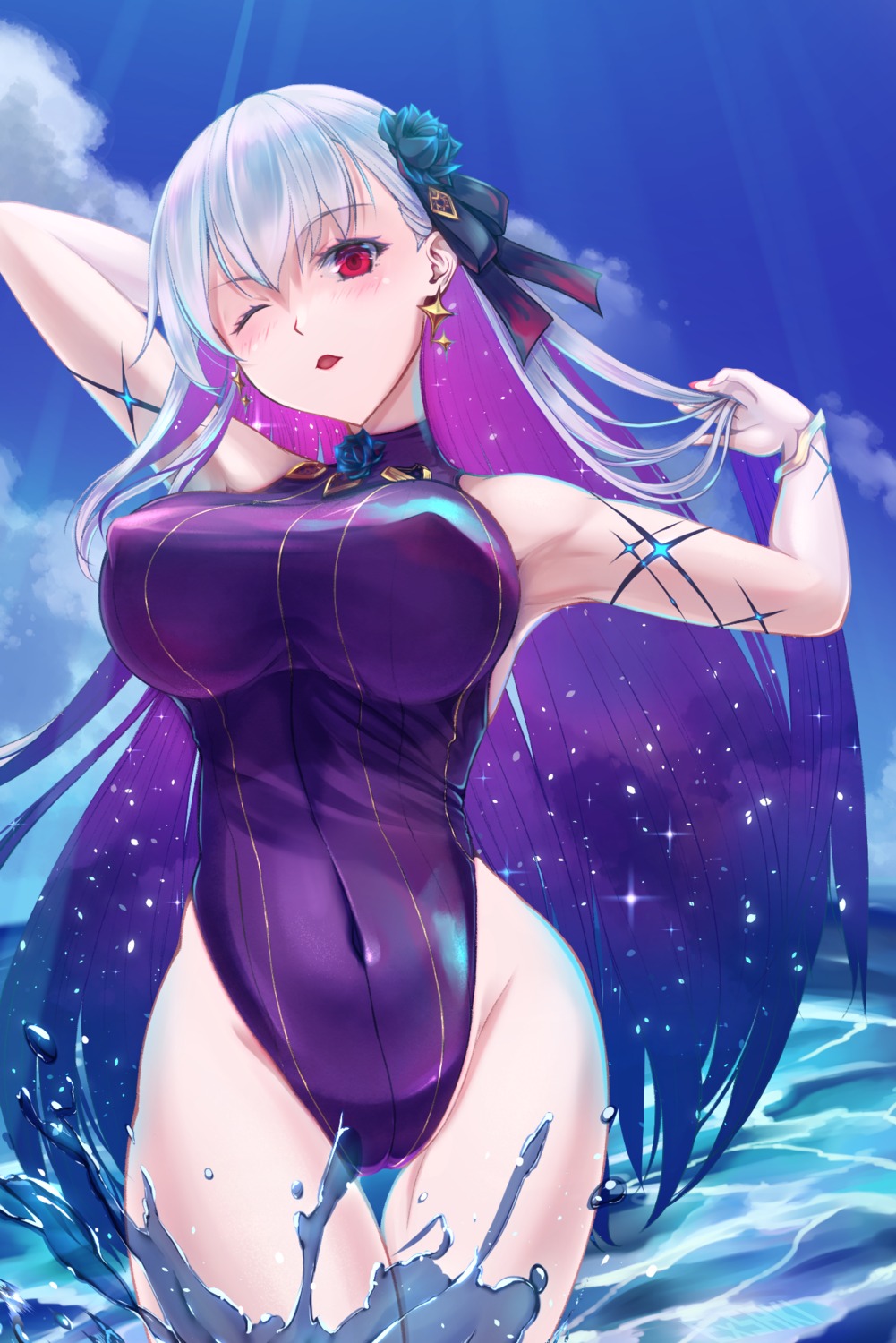 erect_nipples ex_saki fate/grand_order kama_(fate/grand_order) swimsuits wet