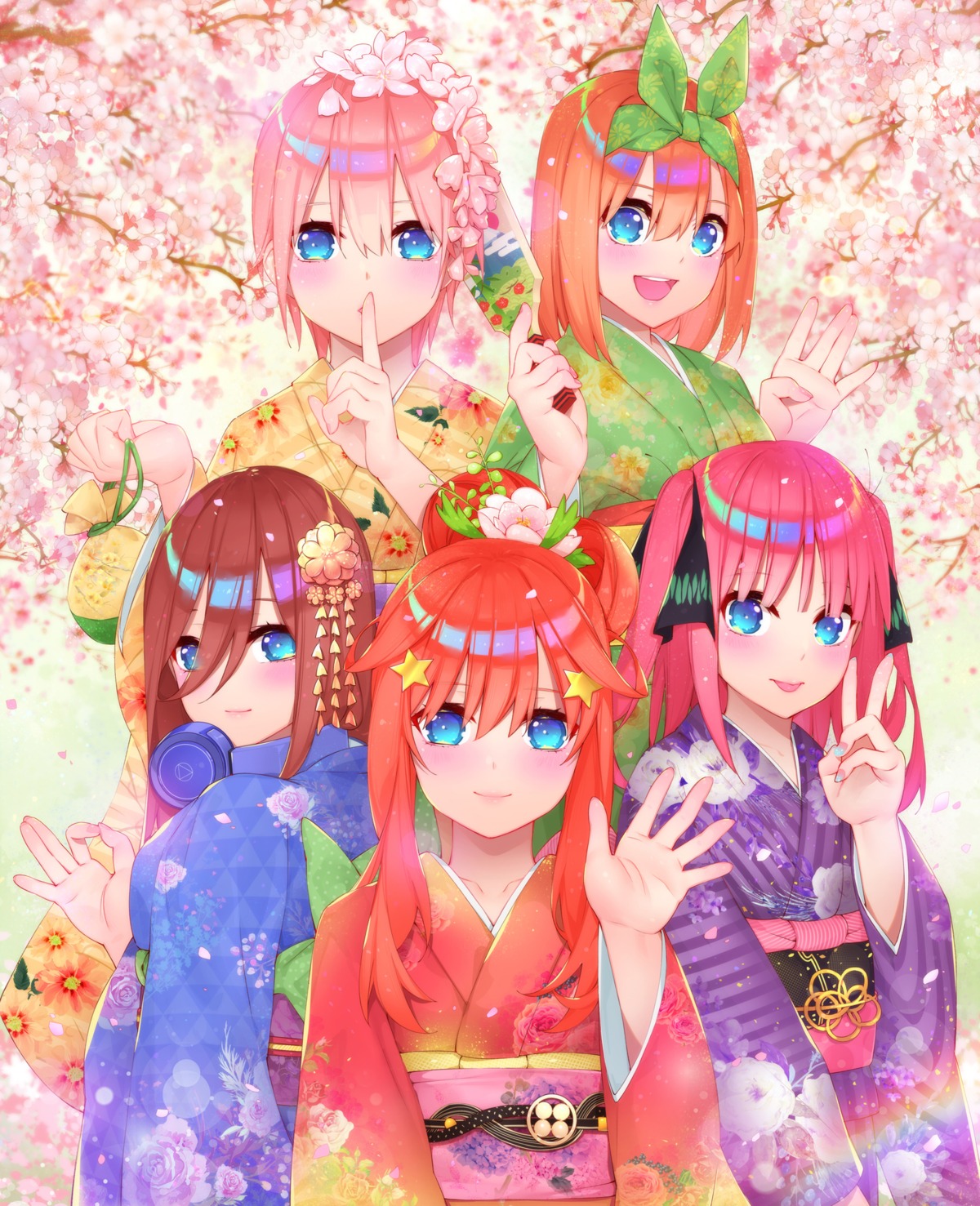 5-toubun_no_hanayome headphones kimono nakano_ichika nakano_itsuki nakano_miku nakano_nino nakano_yotsuba waterring