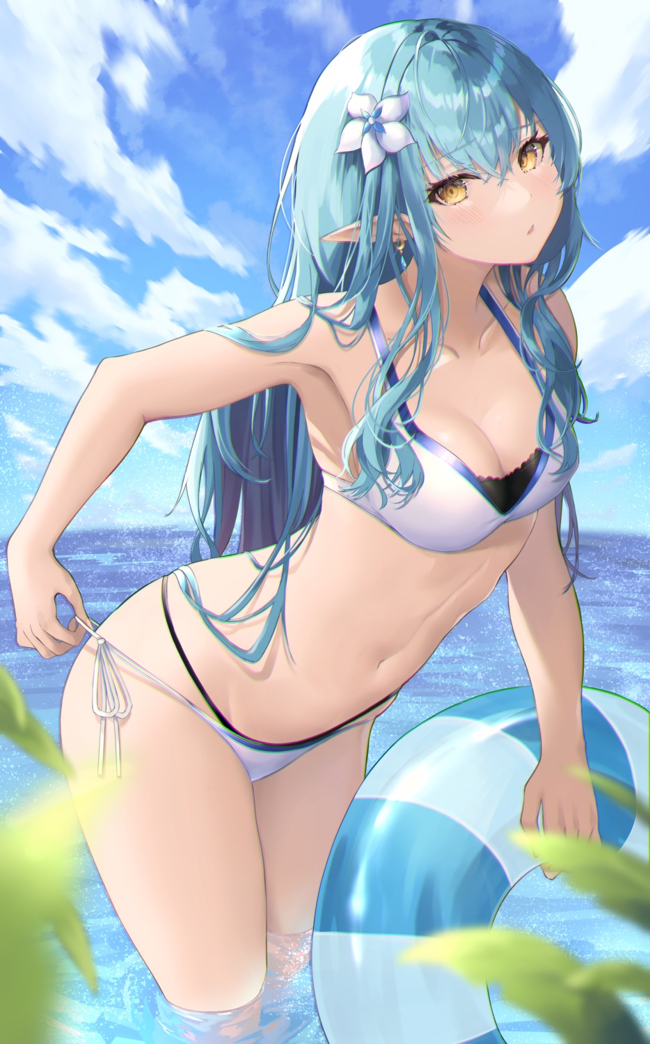 bikini cleavage elf hololive pointy_ears shiina_aoi swimsuits undressing wet yukihana_lamy