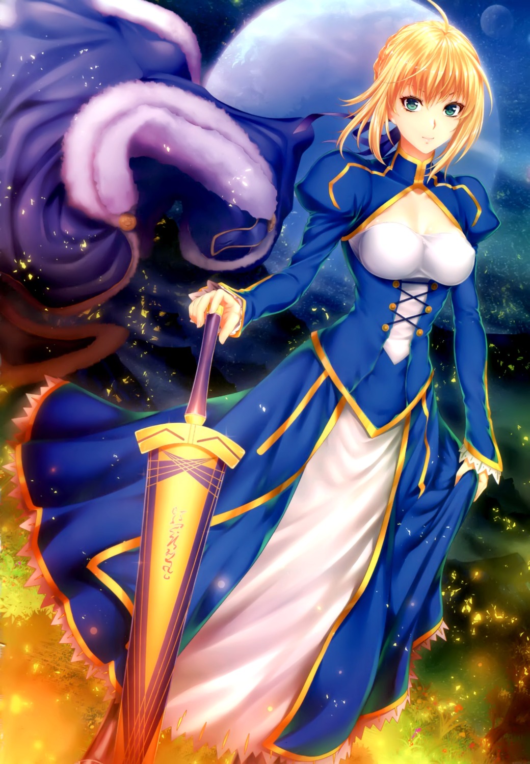 cleavage dress fate/stay_night saber skirt_lift sword zucchini