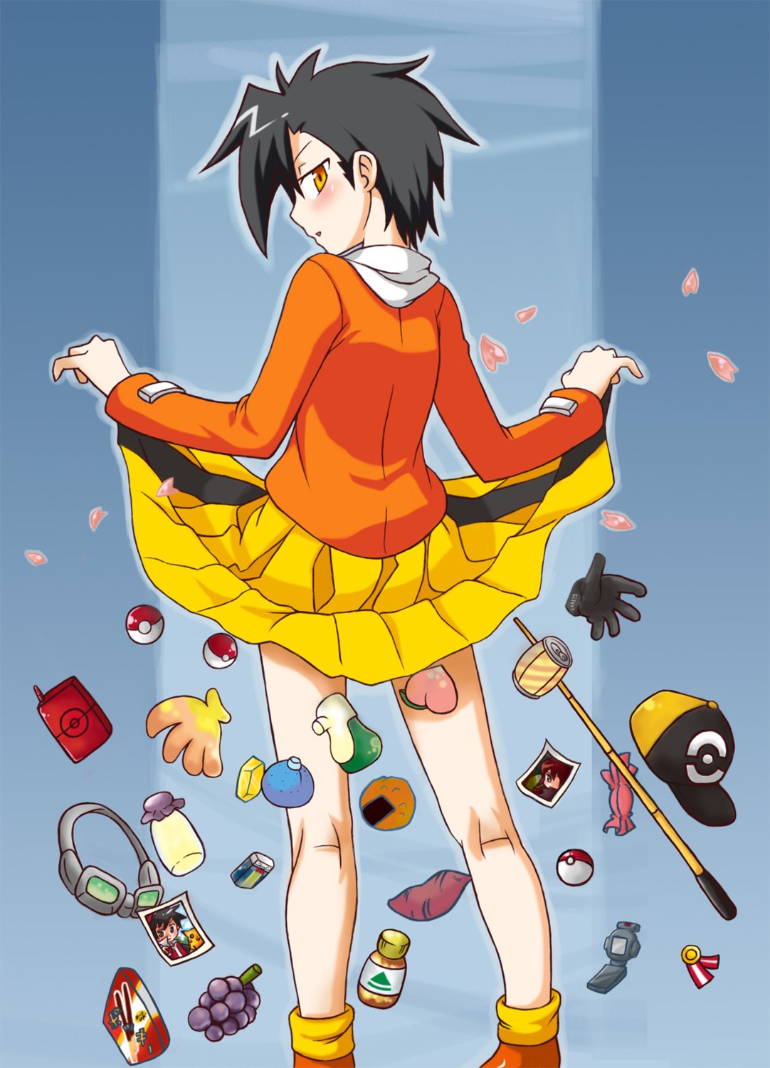 bakemonogatari crossdress hibiki_(pokemon) kurohagi_ryou male monogatari_(series) parody pokemon skirt_lift